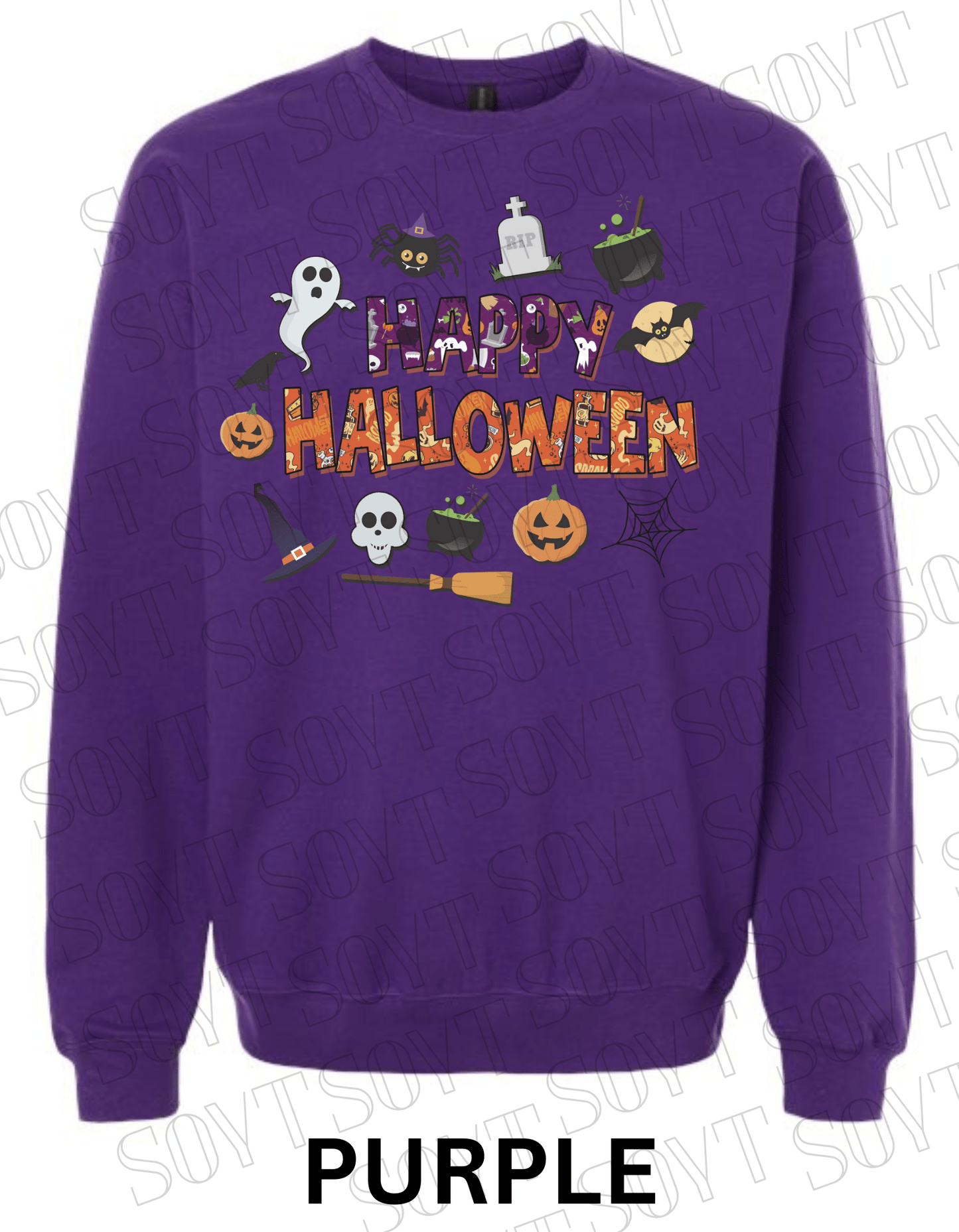 Happy Halloween Sweatshirt – Cute Ghost, Pumpkin, Cauldron & Witch Hat Pullover - Festive Apparel StorePurple