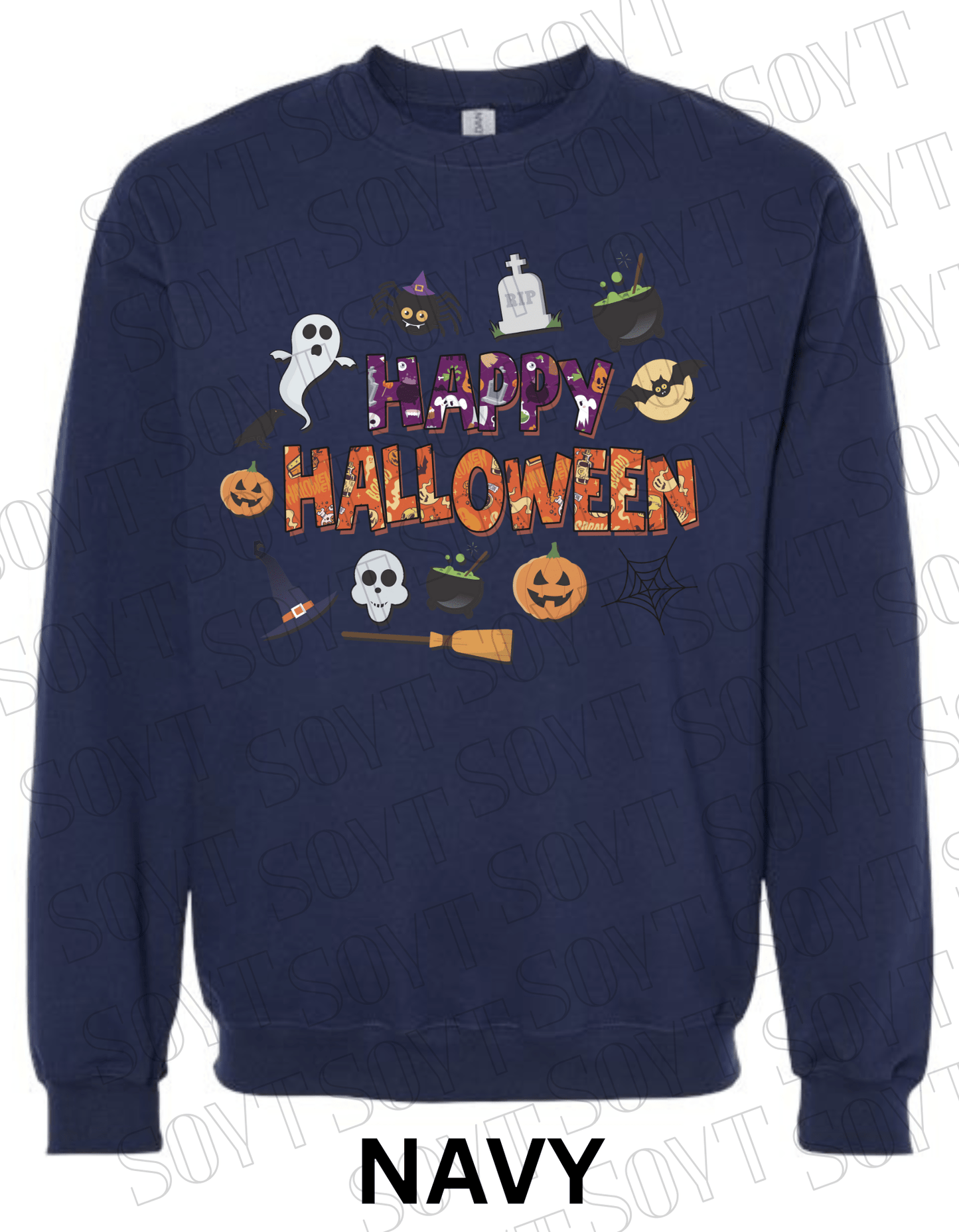Happy Halloween Sweatshirt – Cute Ghost, Pumpkin, Cauldron & Witch Hat Pullover - Festive Apparel StoreNavy Blue