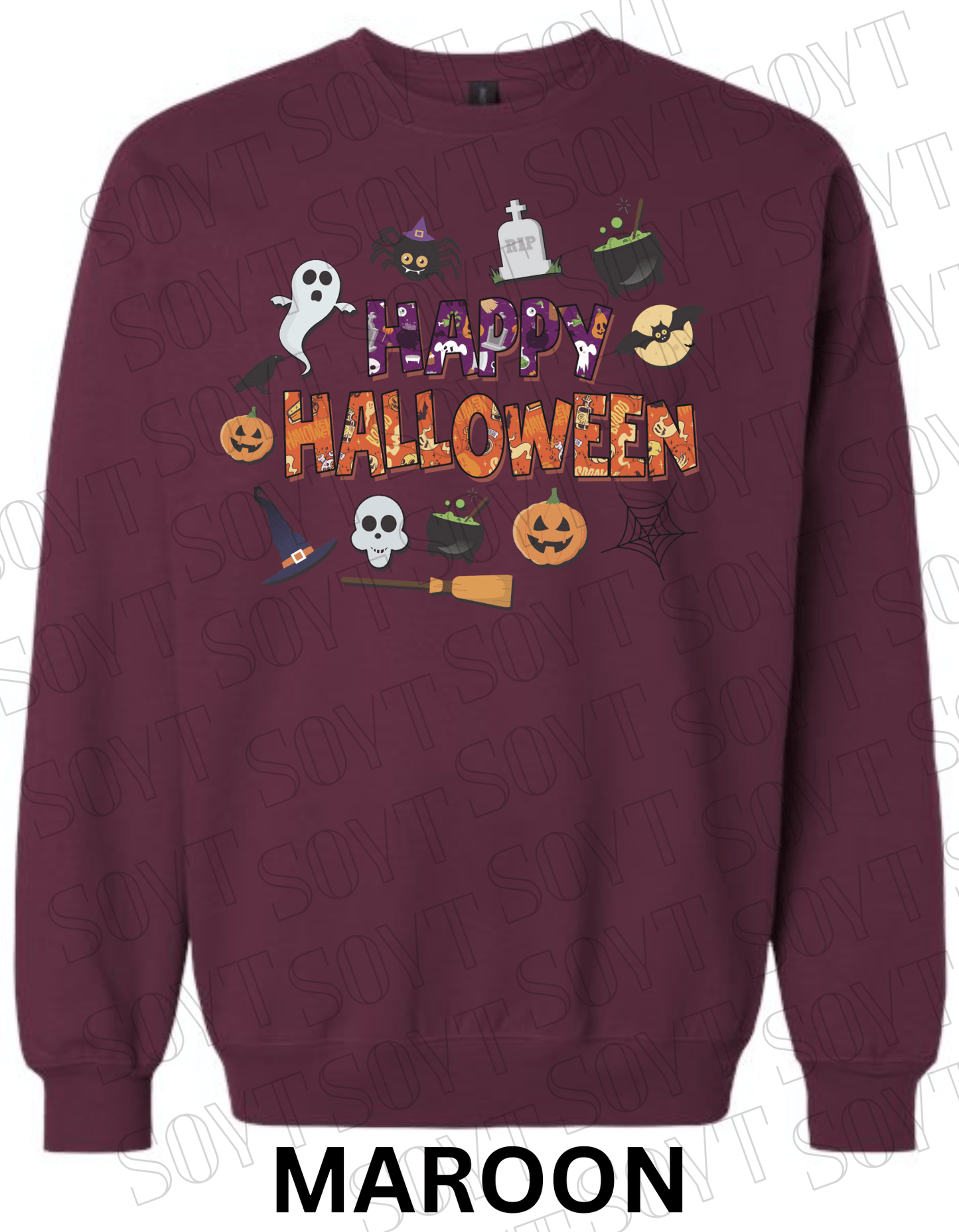 Happy Halloween Sweatshirt – Cute Ghost, Pumpkin, Cauldron & Witch Hat Pullover - Festive Apparel StoreMaroon