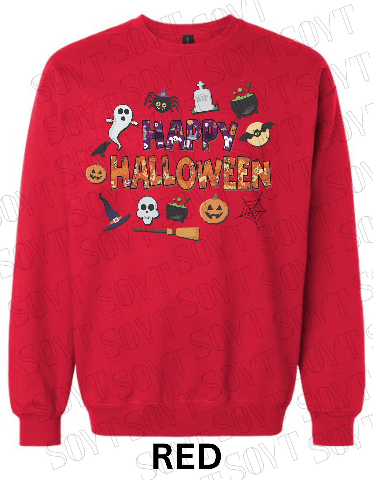 Happy Halloween Sweatshirt – Cute Ghost, Pumpkin, Cauldron & Witch Hat Pullover - Festive Apparel StoreRed