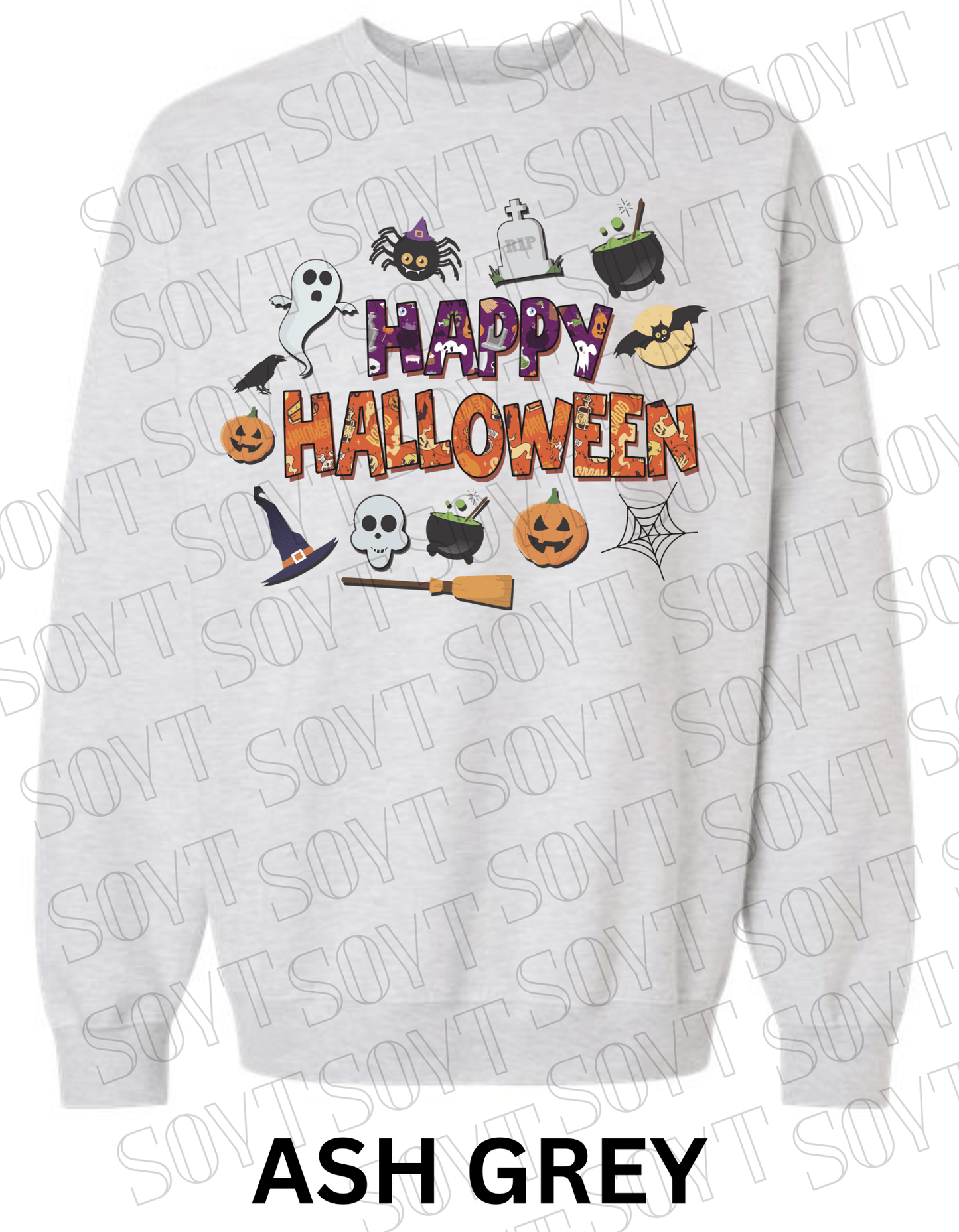 Happy Halloween Sweatshirt – Cute Ghost, Pumpkin, Cauldron & Witch Hat Pullover - Festive Apparel StoreAsh Grey