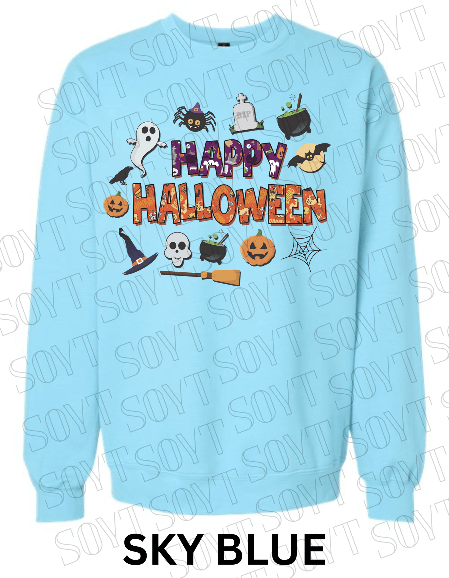 Happy Halloween Sweatshirt – Cute Ghost, Pumpkin, Cauldron & Witch Hat Pullover - Festive Apparel StoreSky Blue