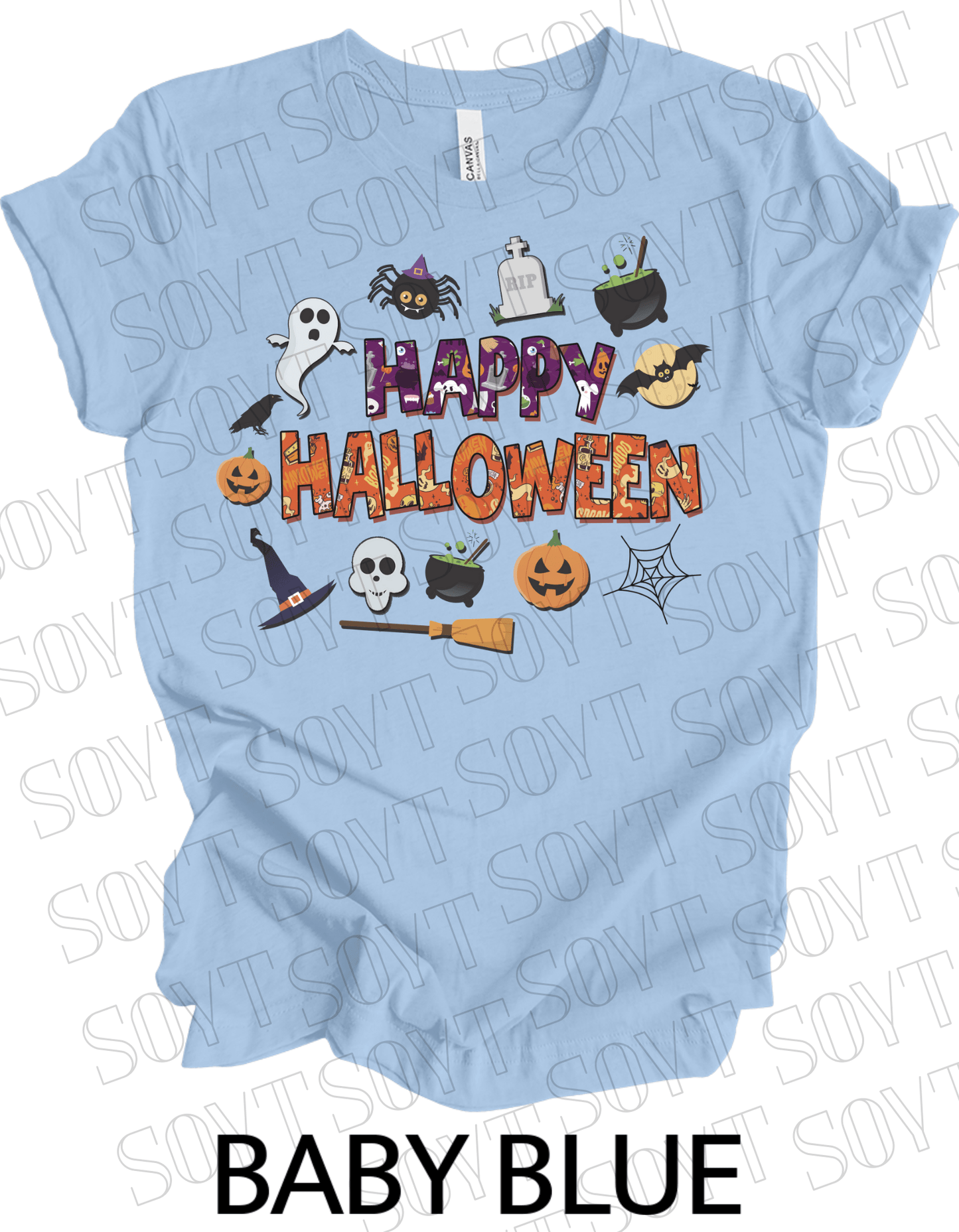 Happy Halloween T-Shirt – Cute Ghost, Pumpkin, Witch Hat & Cauldron Graphic Tee - Festive Apparel StoreBaby Blue