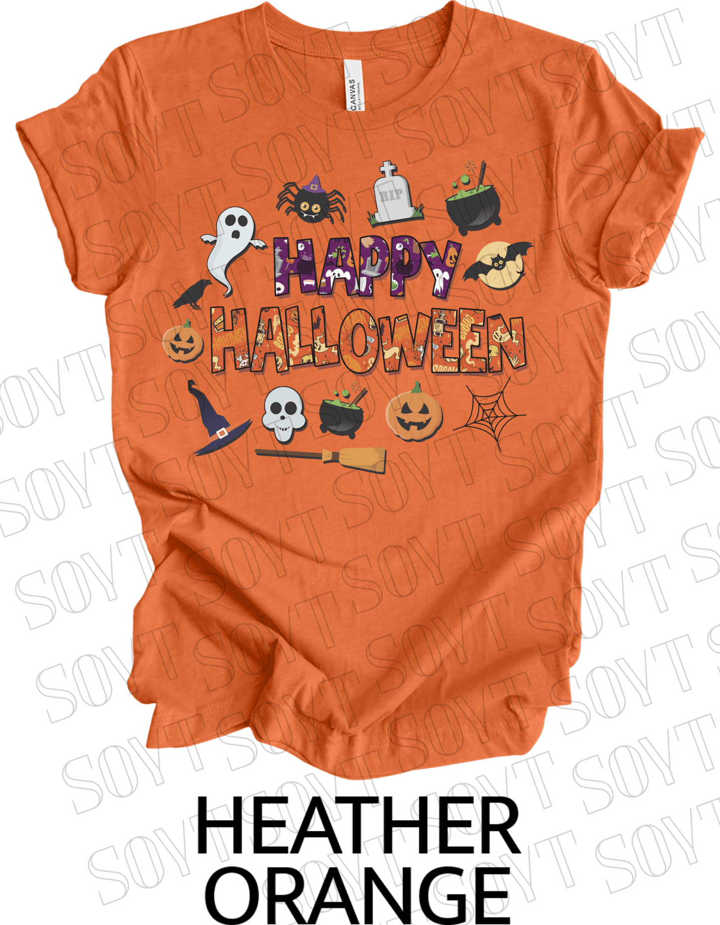 Happy Halloween T-Shirt – Cute Ghost, Pumpkin, Witch Hat & Cauldron Graphic Tee - Festive Apparel StoreHeather Orange