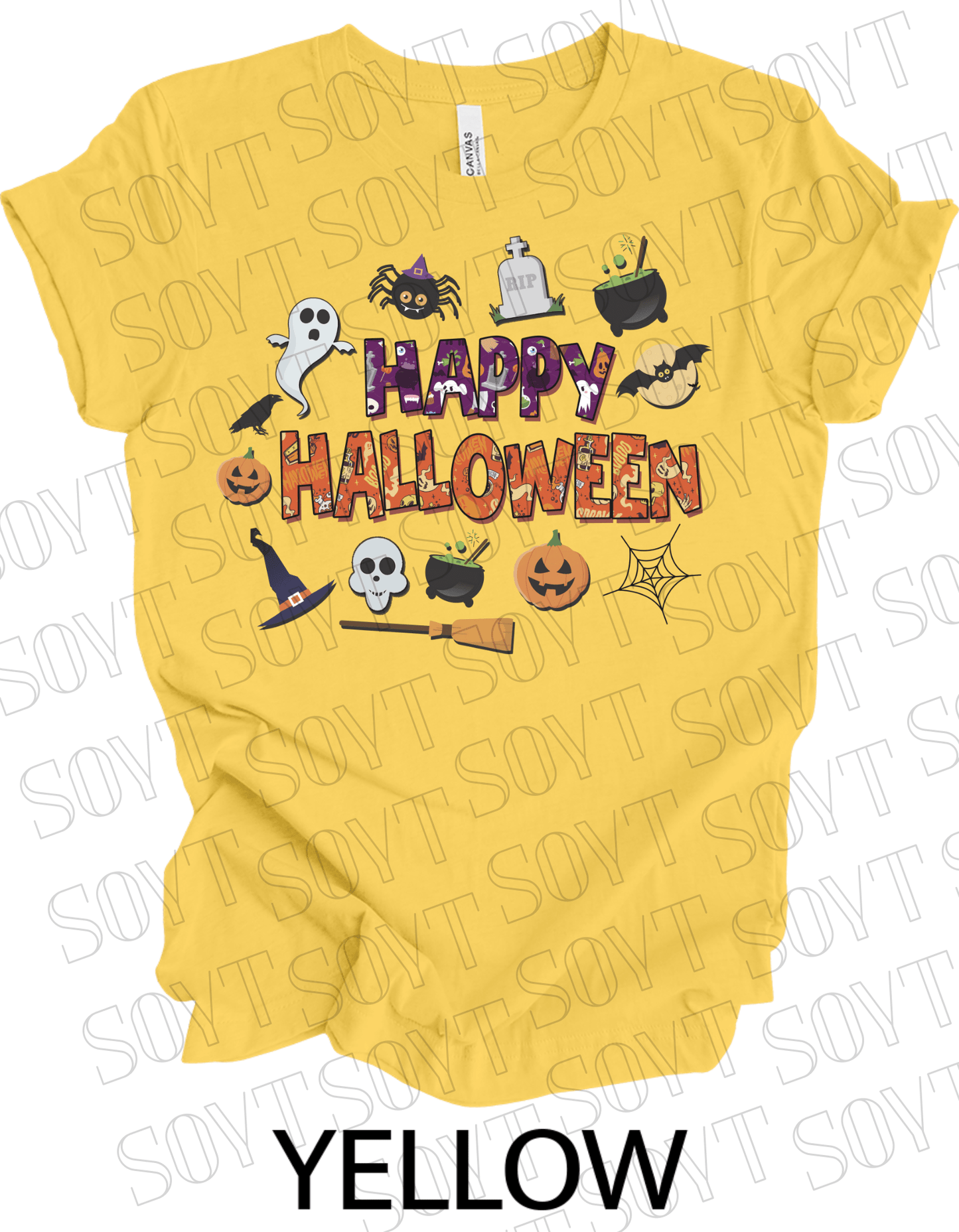 Happy Halloween T-Shirt – Cute Ghost, Pumpkin, Witch Hat & Cauldron Graphic Tee - Festive Apparel StoreYellow
