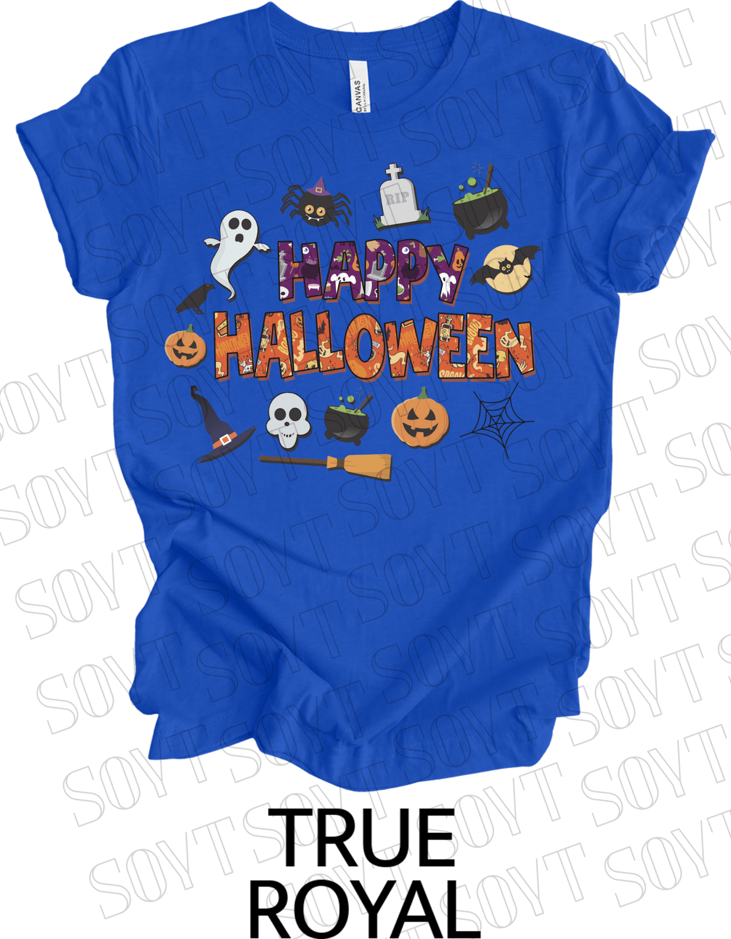 Happy Halloween T-Shirt – Cute Ghost, Pumpkin, Witch Hat & Cauldron Graphic Tee - Festive Apparel StoreRoyal Blue