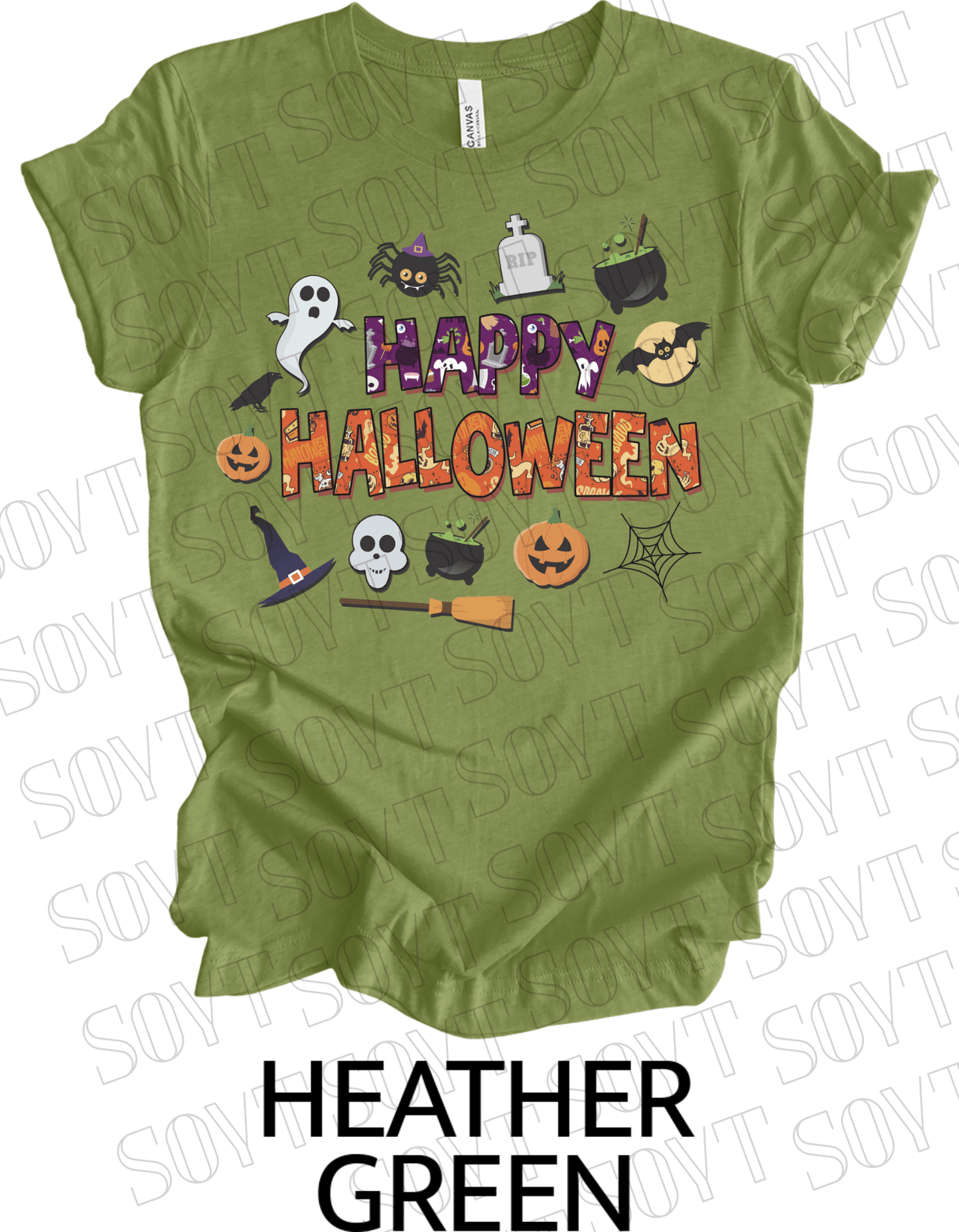 Happy Halloween T-Shirt – Cute Ghost, Pumpkin, Witch Hat & Cauldron Graphic Tee - Festive Apparel StoreHeather Green
