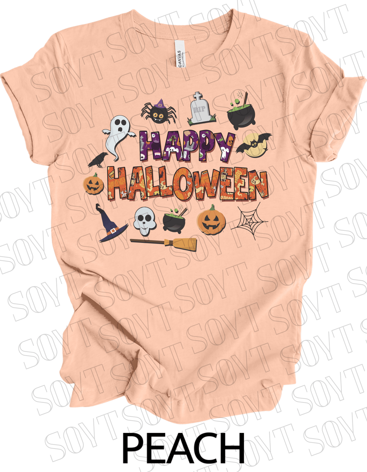 Happy Halloween T-Shirt – Cute Ghost, Pumpkin, Witch Hat & Cauldron Graphic Tee - Festive Apparel StorePeach