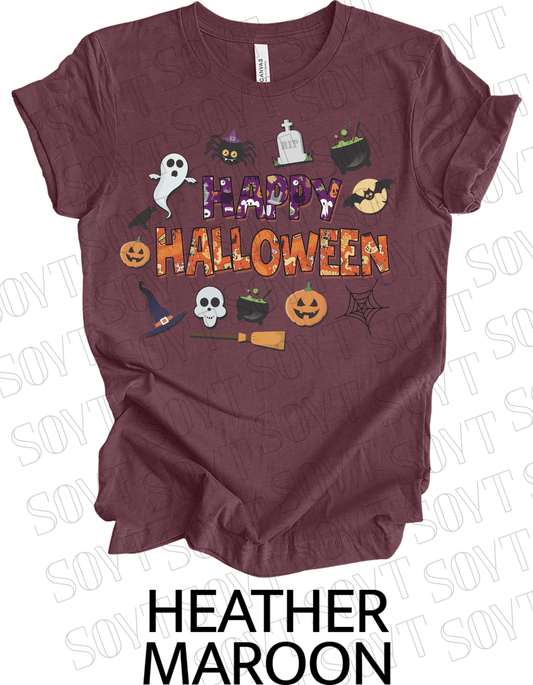 Happy Halloween T-Shirt – Cute Ghost, Pumpkin, Witch Hat & Cauldron Graphic Tee - Festive Apparel StoreHeather Maroon