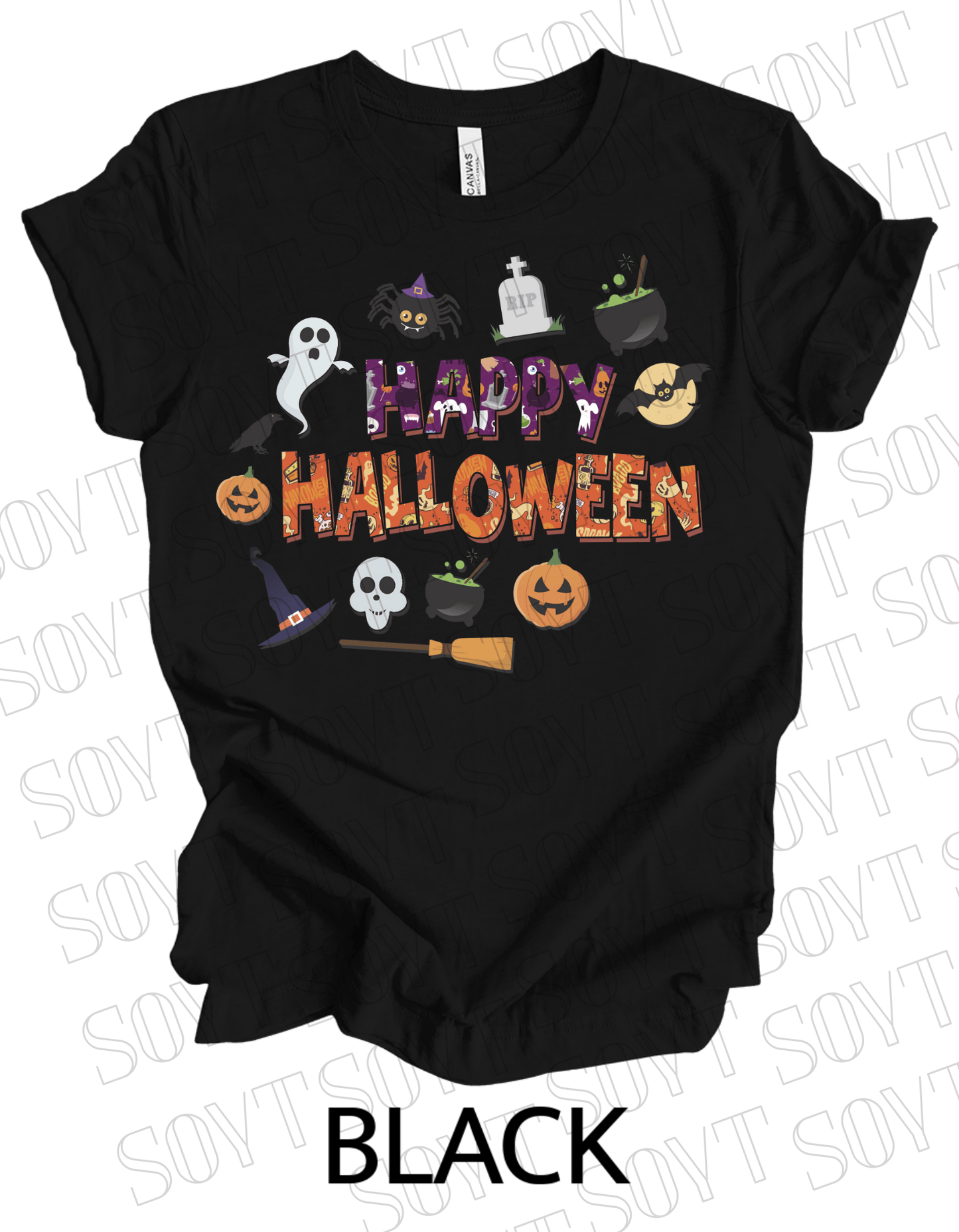 Happy Halloween T-Shirt – Cute Ghost, Pumpkin, Witch Hat & Cauldron Graphic Tee - Festive Apparel StoreBlack