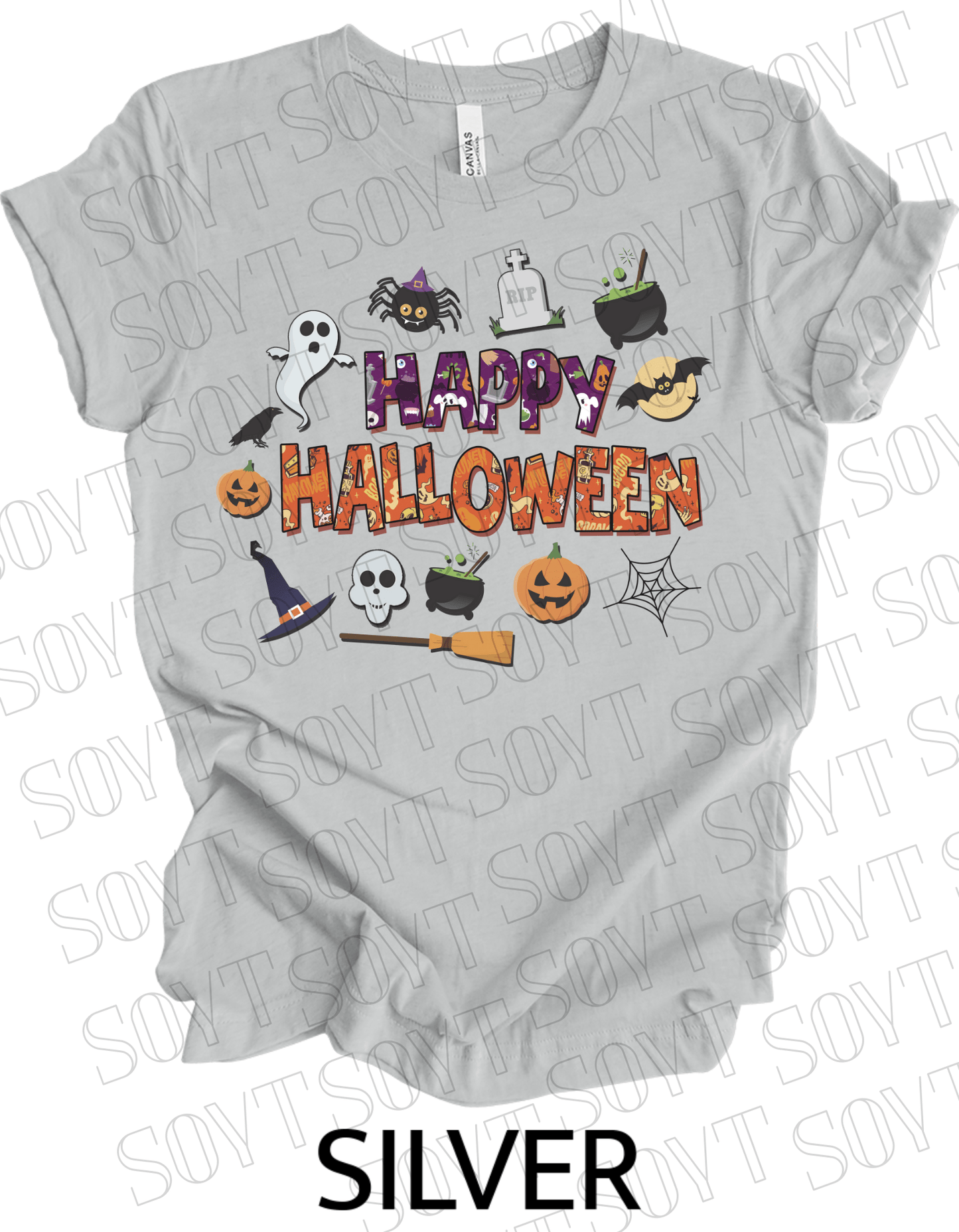 Happy Halloween T-Shirt – Cute Ghost, Pumpkin, Witch Hat & Cauldron Graphic Tee - Festive Apparel StoreSilver