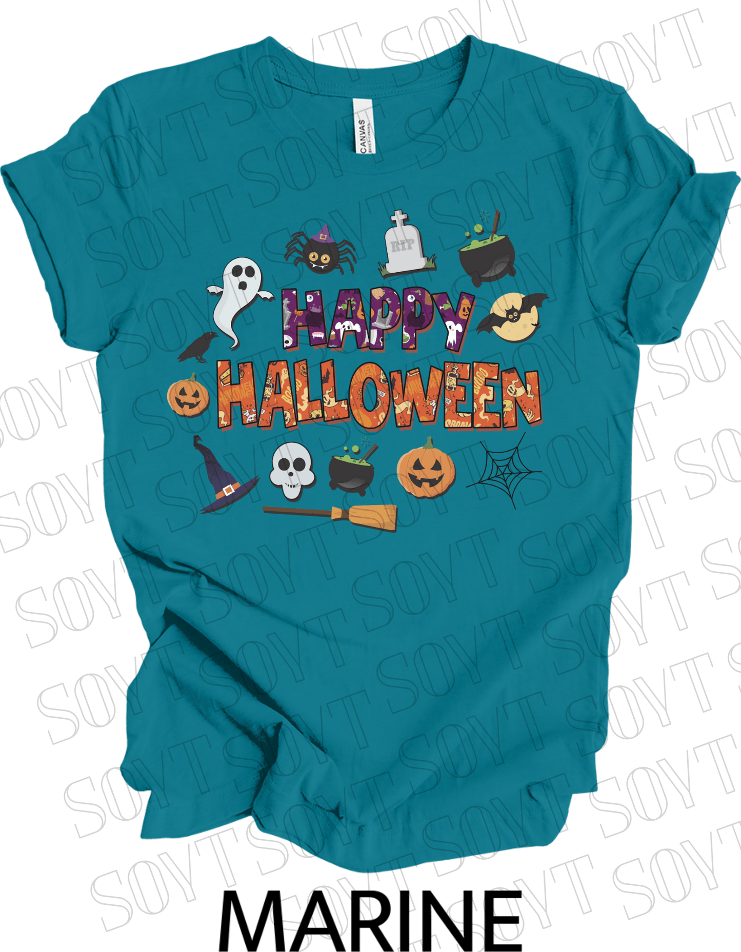 Happy Halloween T-Shirt – Cute Ghost, Pumpkin, Witch Hat & Cauldron Graphic Tee - Festive Apparel StoreMarine