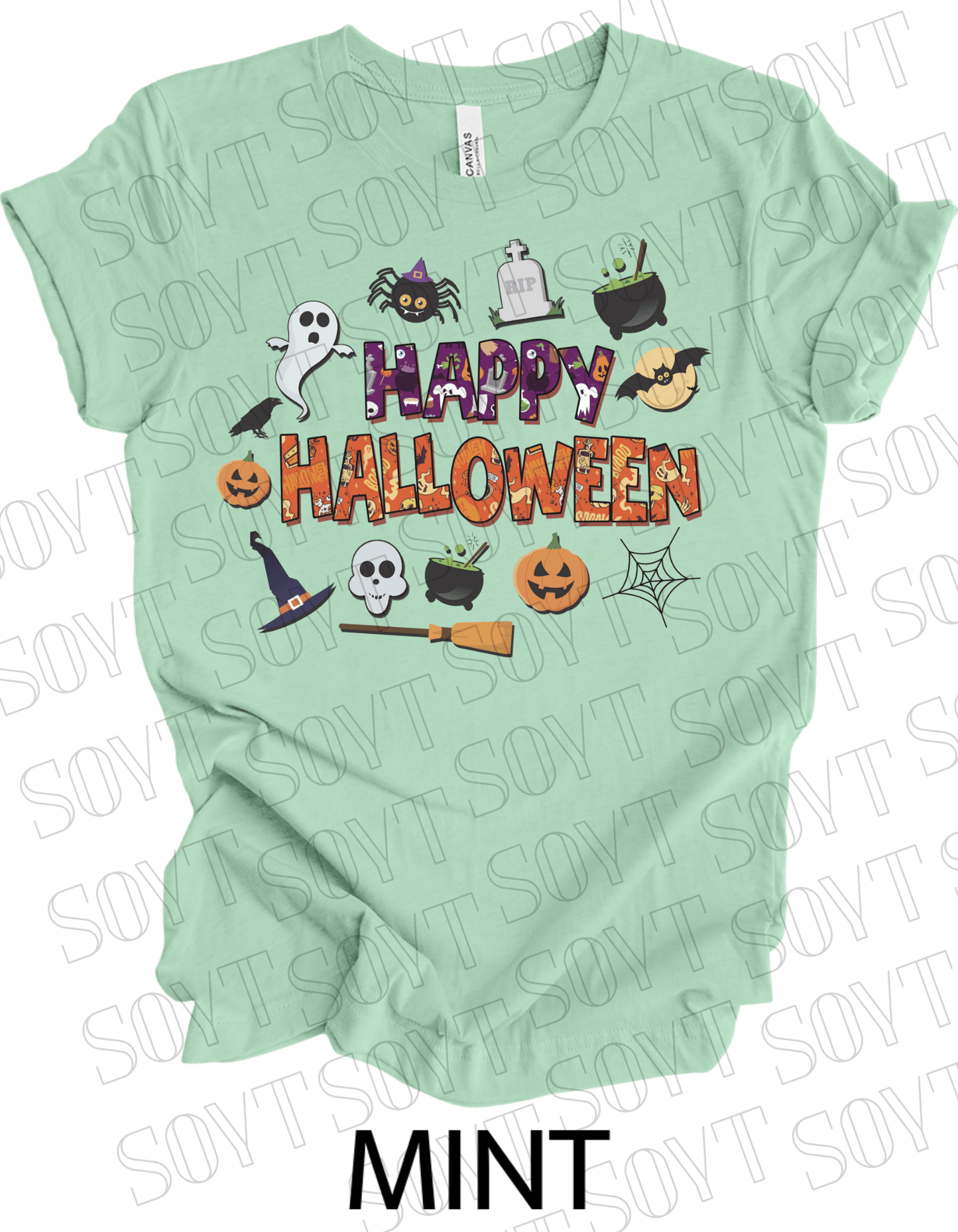 Happy Halloween T-Shirt – Cute Ghost, Pumpkin, Witch Hat & Cauldron Graphic Tee - Festive Apparel StoreMint