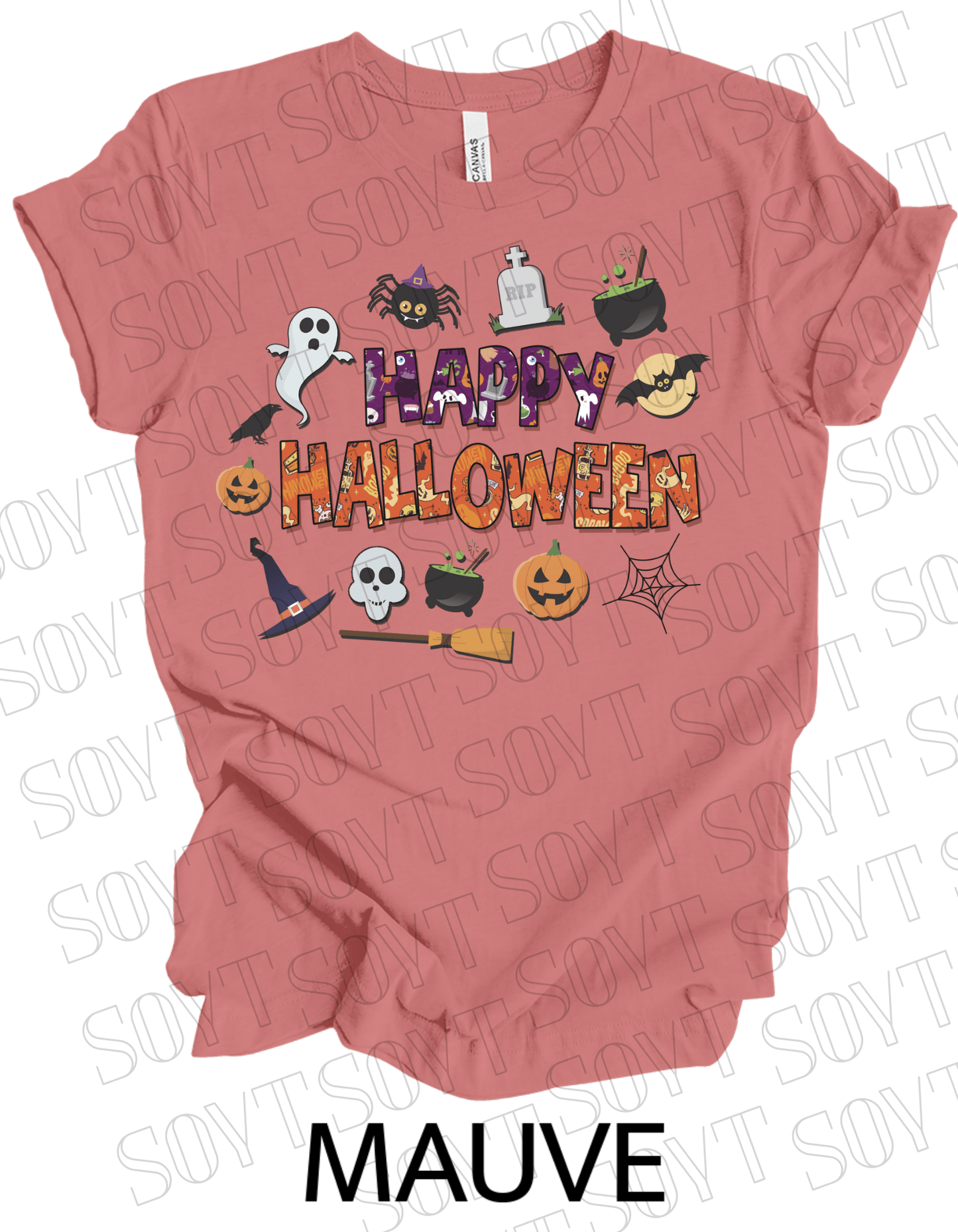 Happy Halloween T-Shirt – Cute Ghost, Pumpkin, Witch Hat & Cauldron Graphic Tee - Festive Apparel StoreMauve