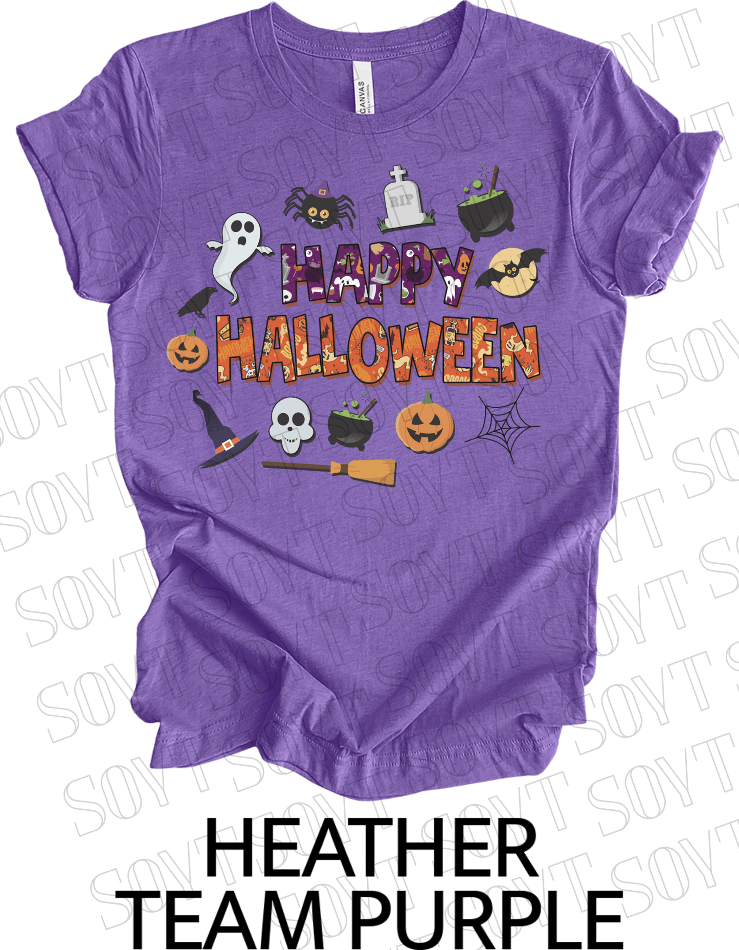 Happy Halloween T-Shirt – Cute Ghost, Pumpkin, Witch Hat & Cauldron Graphic Tee - Festive Apparel StoreHeather Purple