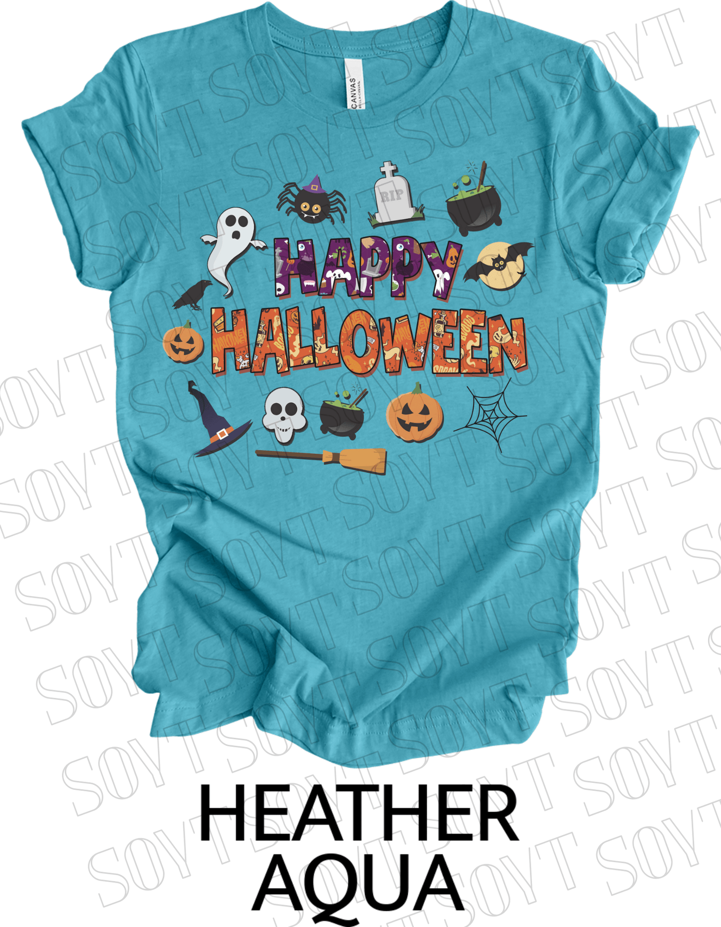 Happy Halloween T-Shirt – Cute Ghost, Pumpkin, Witch Hat & Cauldron Graphic Tee - Festive Apparel StoreHeather Aqua