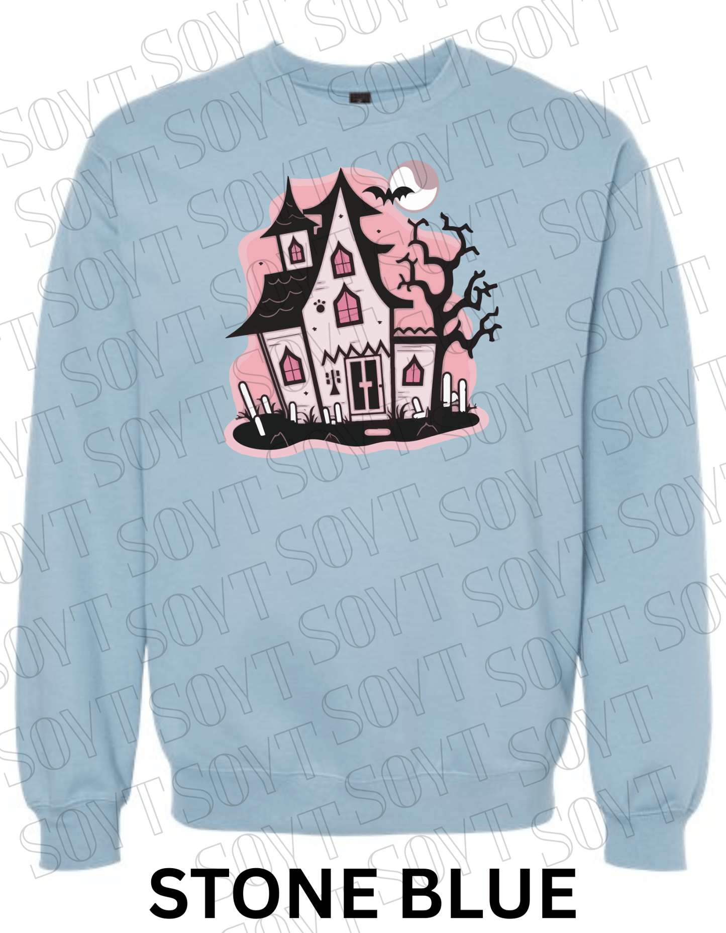 "Haunted Manor" Halloween Sweatshirt – Cozy Pink Haunted House Graphic Pullover for Fall - Festive Apparel StoreStone Blue