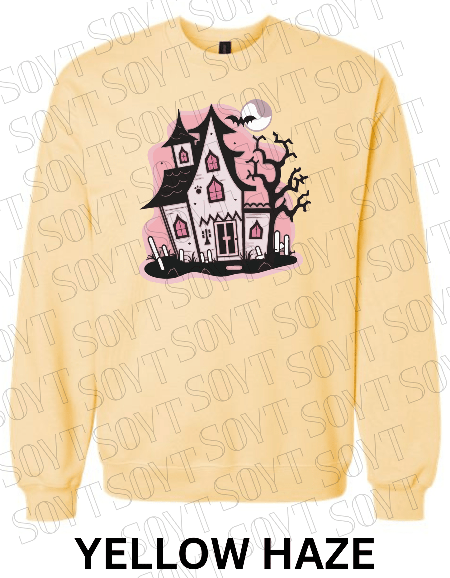 "Haunted Manor" Halloween Sweatshirt – Cozy Pink Haunted House Graphic Pullover for Fall - Festive Apparel StoreYellow Haze
