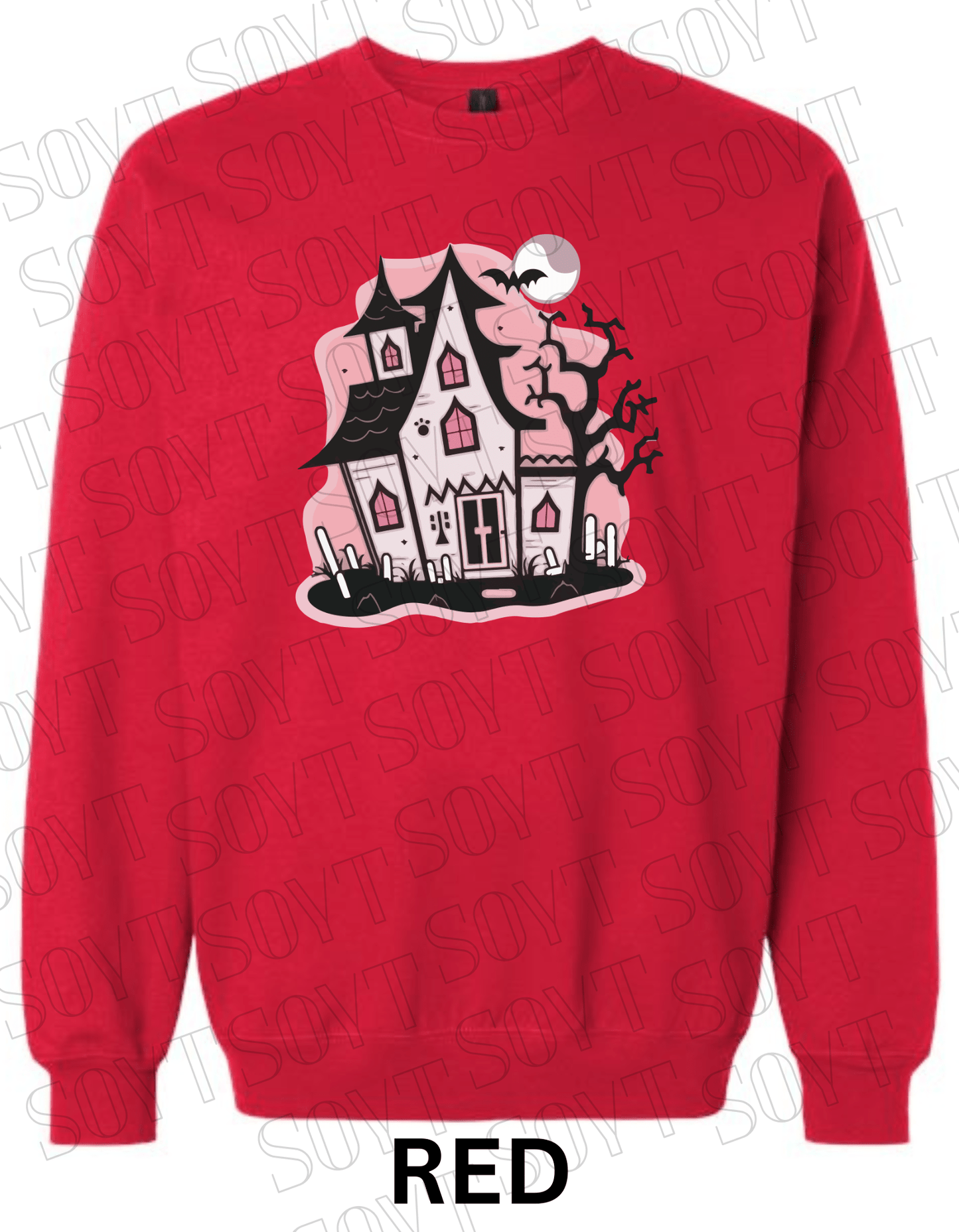 "Haunted Manor" Halloween Sweatshirt – Cozy Pink Haunted House Graphic Pullover for Fall - Festive Apparel StoreRed