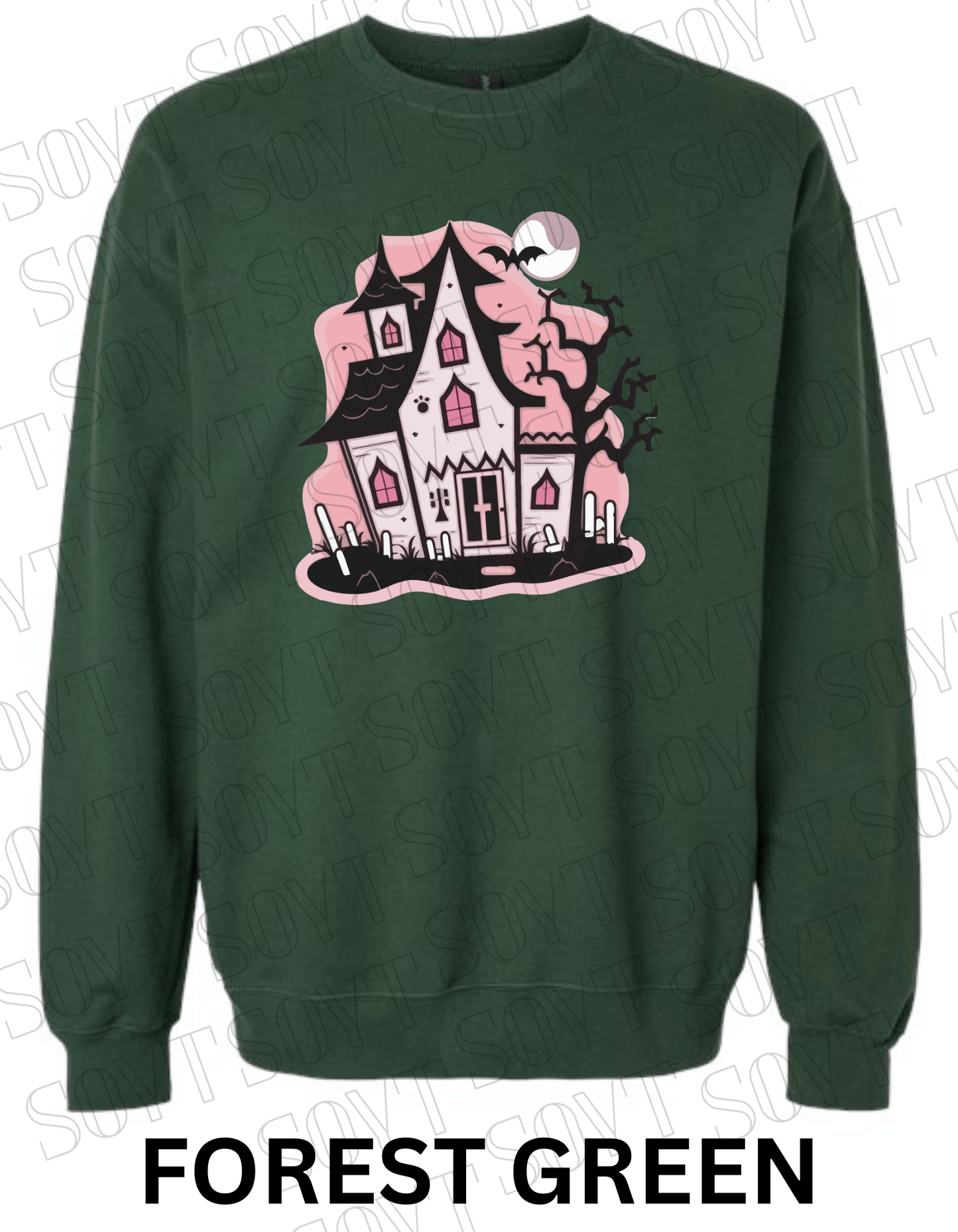 "Haunted Manor" Halloween Sweatshirt – Cozy Pink Haunted House Graphic Pullover for Fall - Festive Apparel StoreForest Green