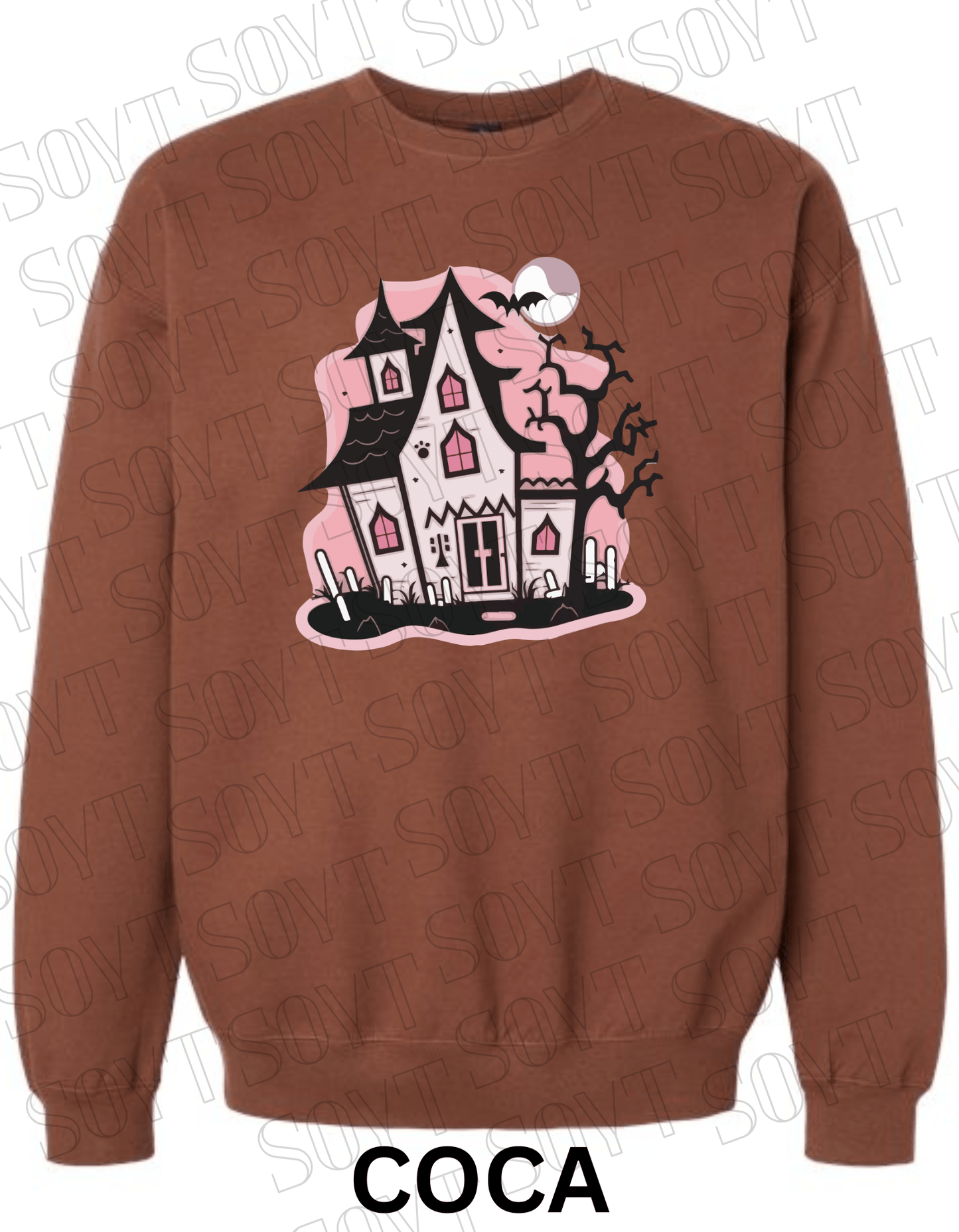 "Haunted Manor" Halloween Sweatshirt – Cozy Pink Haunted House Graphic Pullover for Fall - Festive Apparel StoreCocoa Brown