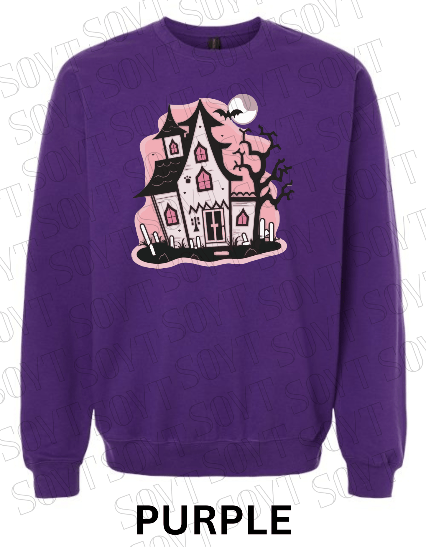 "Haunted Manor" Halloween Sweatshirt – Cozy Pink Haunted House Graphic Pullover for Fall - Festive Apparel StorePurple