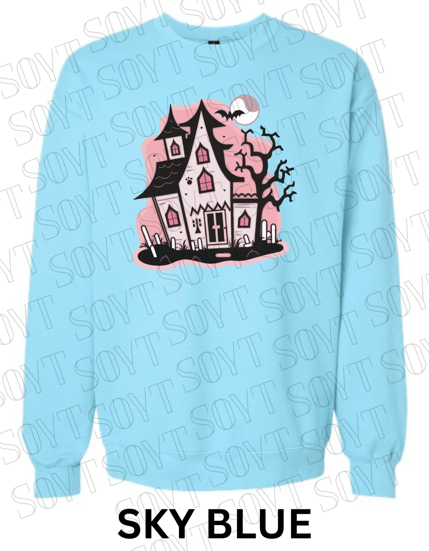 "Haunted Manor" Halloween Sweatshirt – Cozy Pink Haunted House Graphic Pullover for Fall - Festive Apparel StoreSky Blue