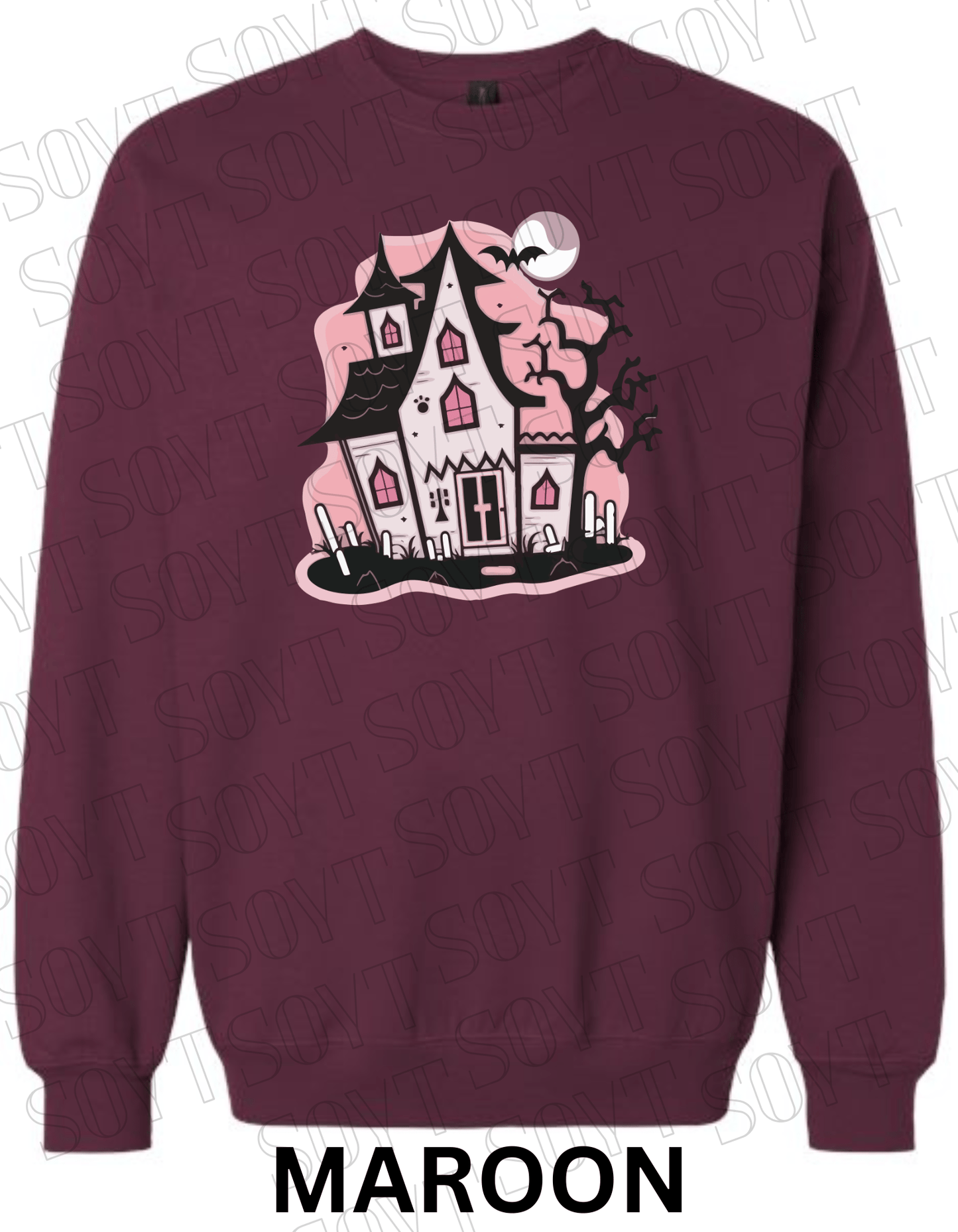 "Haunted Manor" Halloween Sweatshirt – Cozy Pink Haunted House Graphic Pullover for Fall - Festive Apparel StoreMaroon