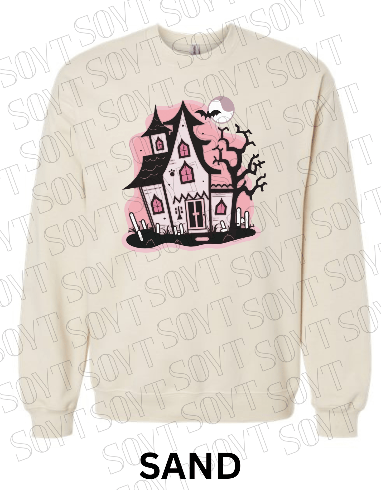 "Haunted Manor" Halloween Sweatshirt – Cozy Pink Haunted House Graphic Pullover for Fall - Festive Apparel StoreSand