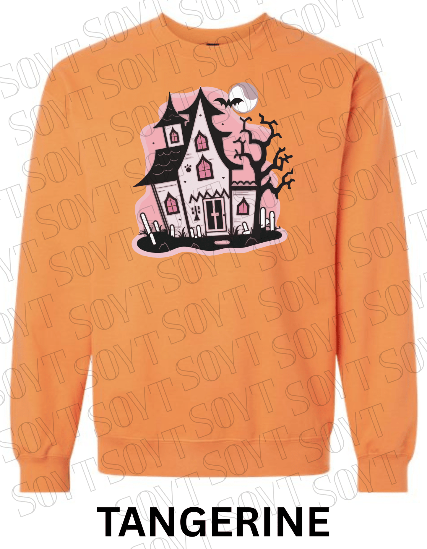 "Haunted Manor" Halloween Sweatshirt – Cozy Pink Haunted House Graphic Pullover for Fall - Festive Apparel StoreTangerine