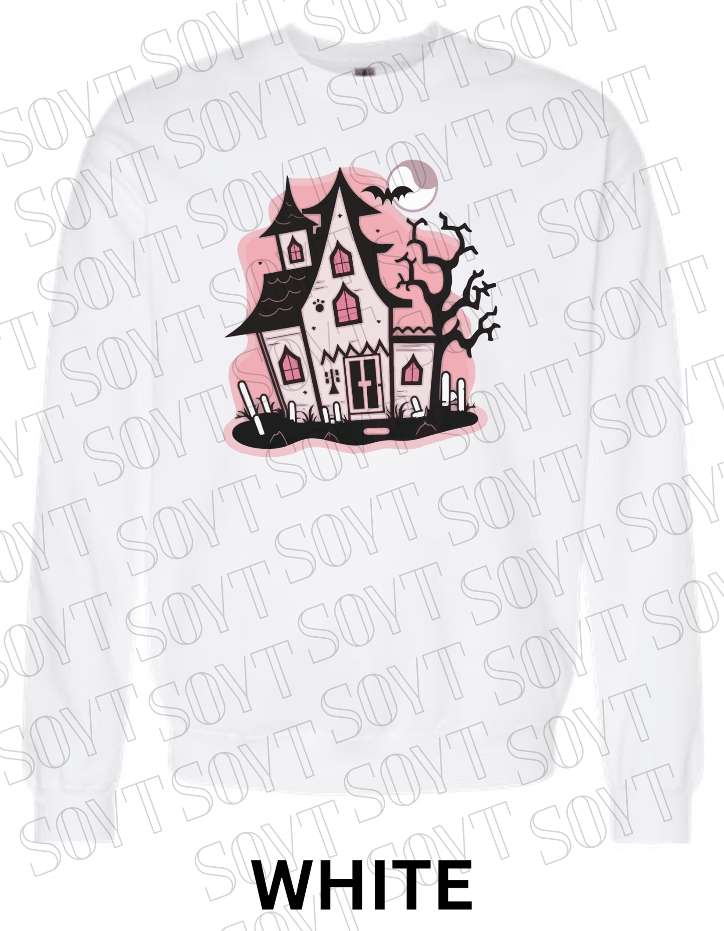"Haunted Manor" Halloween Sweatshirt – Cozy Pink Haunted House Graphic Pullover for Fall - Festive Apparel StoreWhite