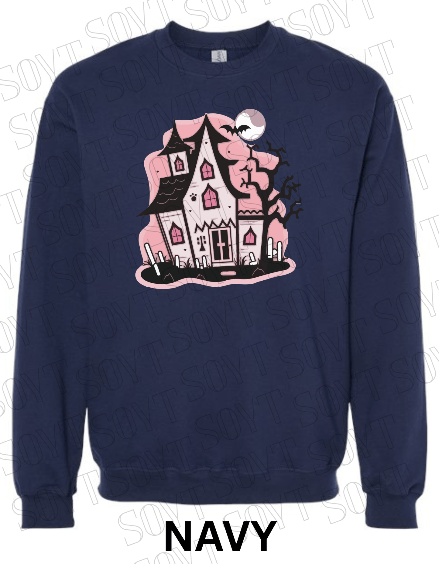 "Haunted Manor" Halloween Sweatshirt – Cozy Pink Haunted House Graphic Pullover for Fall - Festive Apparel StoreNavy Blue
