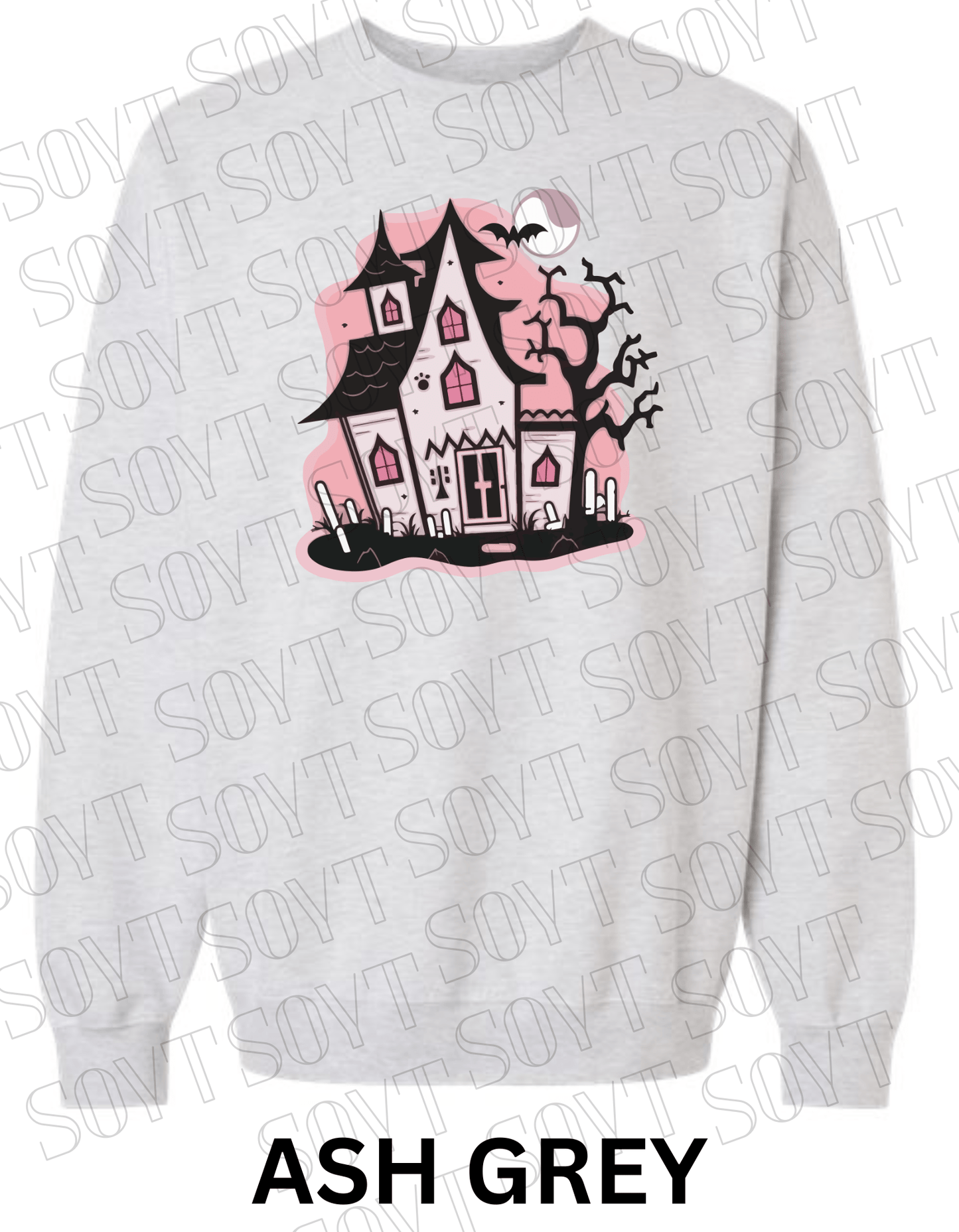 "Haunted Manor" Halloween Sweatshirt – Cozy Pink Haunted House Graphic Pullover for Fall - Festive Apparel StoreAsh Grey