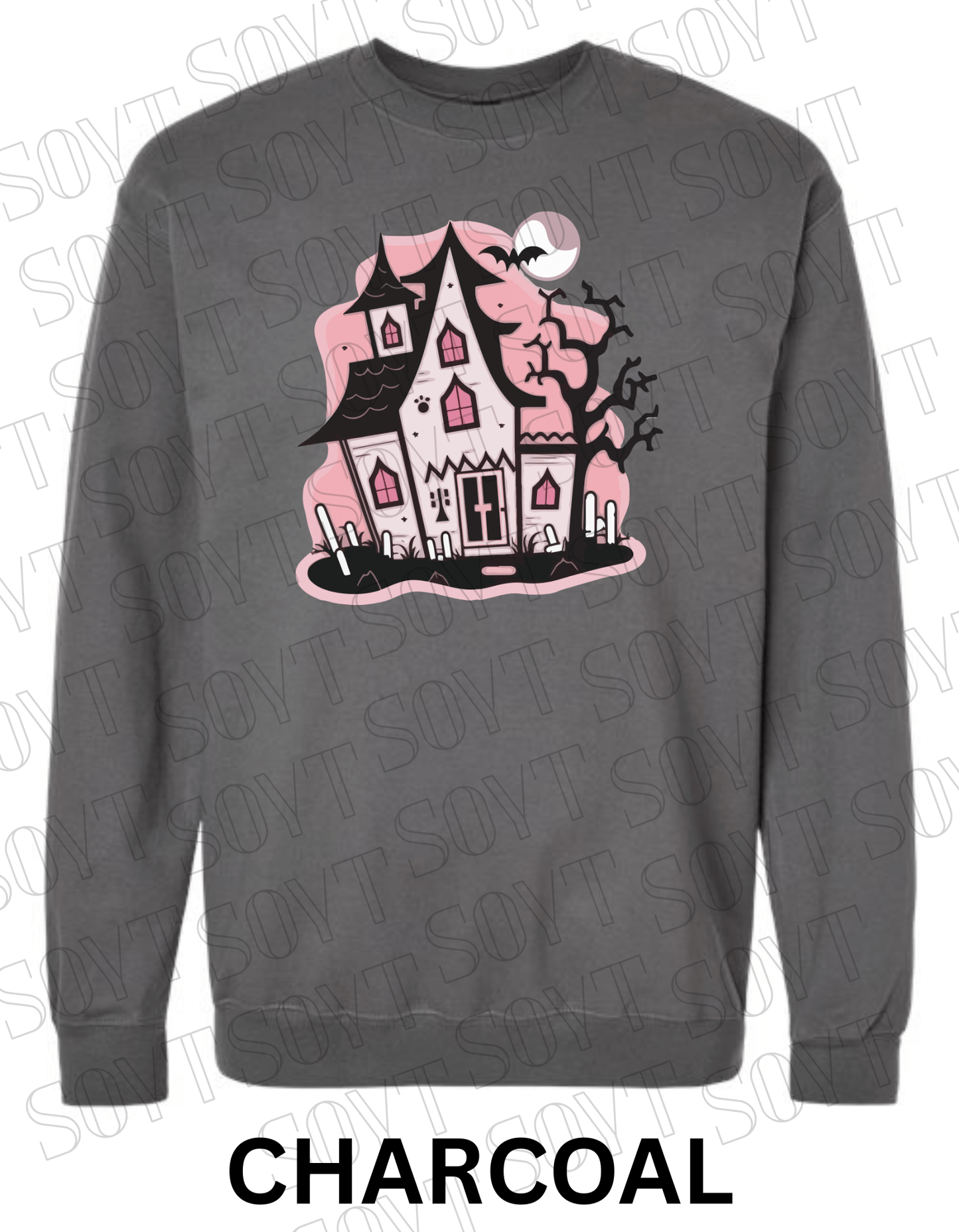 "Haunted Manor" Halloween Sweatshirt – Cozy Pink Haunted House Graphic Pullover for Fall - Festive Apparel StoreCharcoal