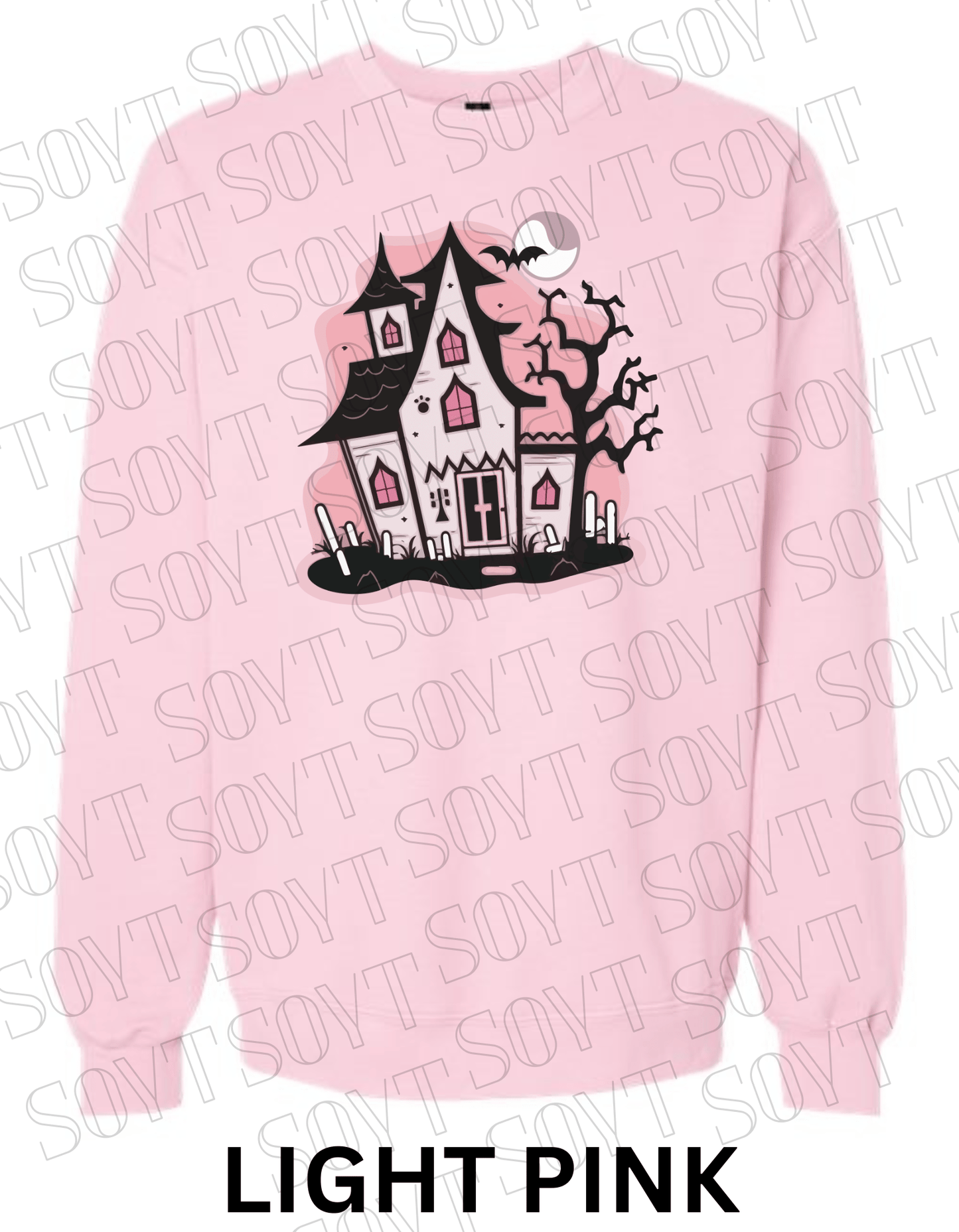 "Haunted Manor" Halloween Sweatshirt – Cozy Pink Haunted House Graphic Pullover for Fall - Festive Apparel StoreLight Pink
