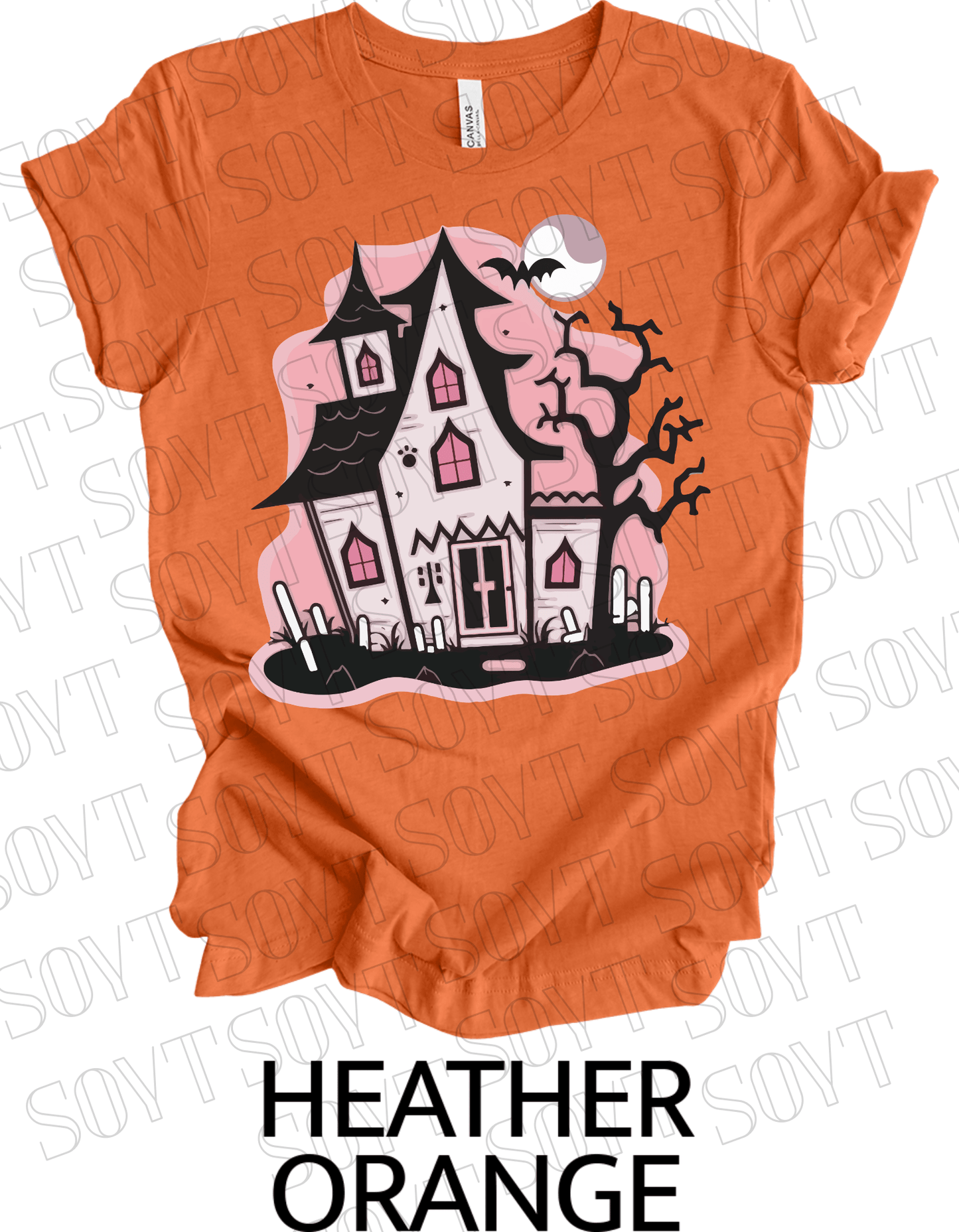 "Haunted Manor" Halloween T-Shirt – Pink Haunted House Graphic Tee for Spooky Season Style - Festive Apparel StoreHeather Orange