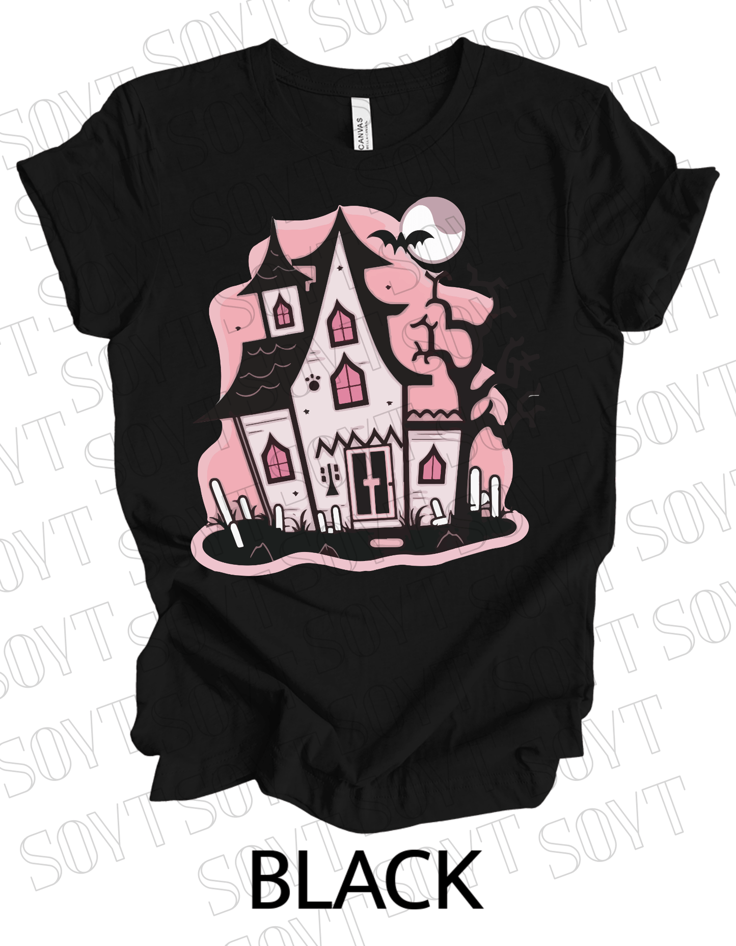"Haunted Manor" Halloween T-Shirt – Pink Haunted House Graphic Tee for Spooky Season Style - Festive Apparel StoreBlack