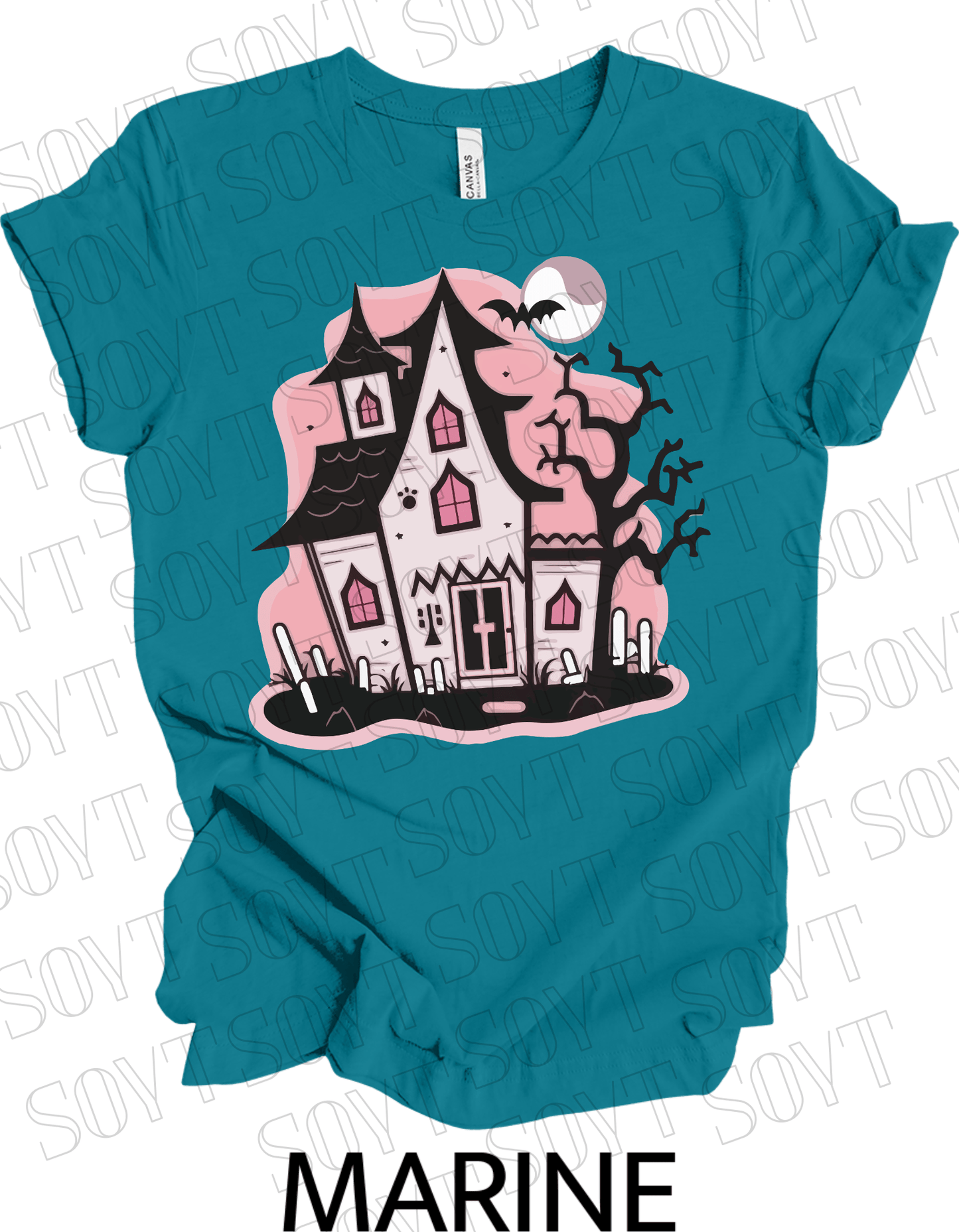 "Haunted Manor" Halloween T-Shirt – Pink Haunted House Graphic Tee for Spooky Season Style - Festive Apparel StoreMarine