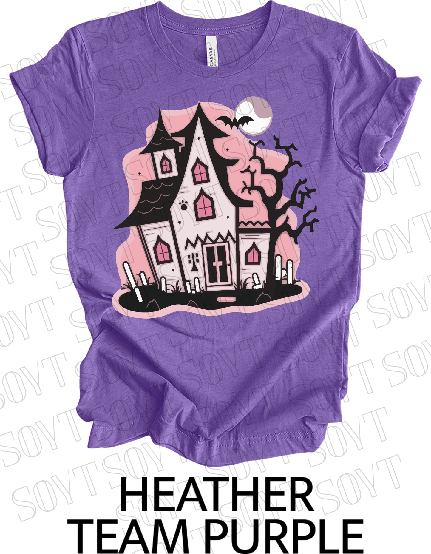 "Haunted Manor" Halloween T-Shirt – Pink Haunted House Graphic Tee for Spooky Season Style - Festive Apparel StoreHeather Purple