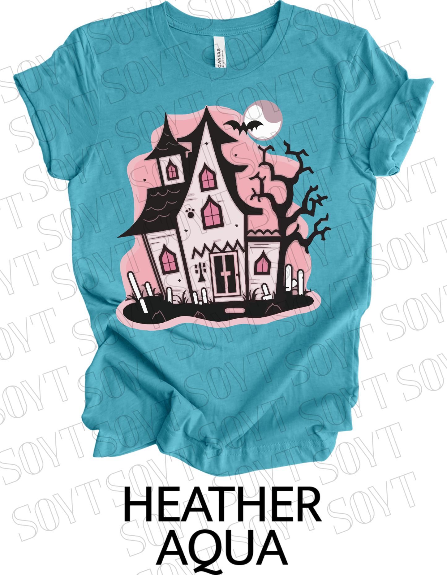 "Haunted Manor" Halloween T-Shirt – Pink Haunted House Graphic Tee for Spooky Season Style - Festive Apparel StoreHeather Aqua