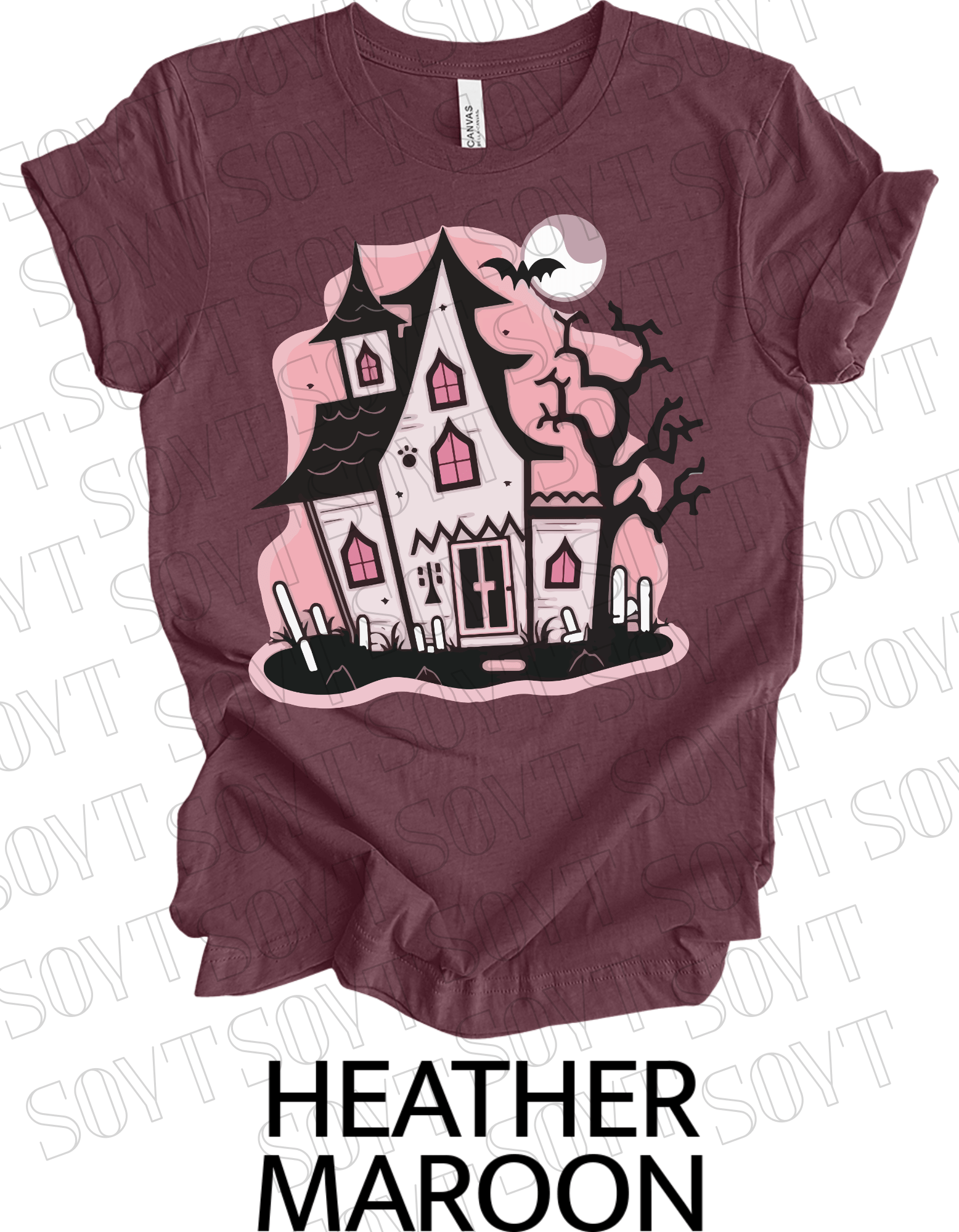 "Haunted Manor" Halloween T-Shirt – Pink Haunted House Graphic Tee for Spooky Season Style - Festive Apparel StoreHeather Maroon