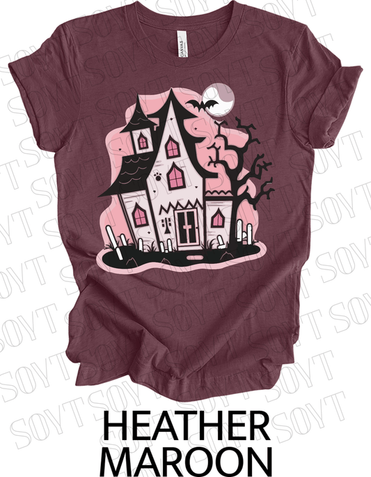 "Haunted Manor" Halloween T-Shirt – Pink Haunted House Graphic Tee for Spooky Season Style - Festive Apparel StoreHeather Maroon