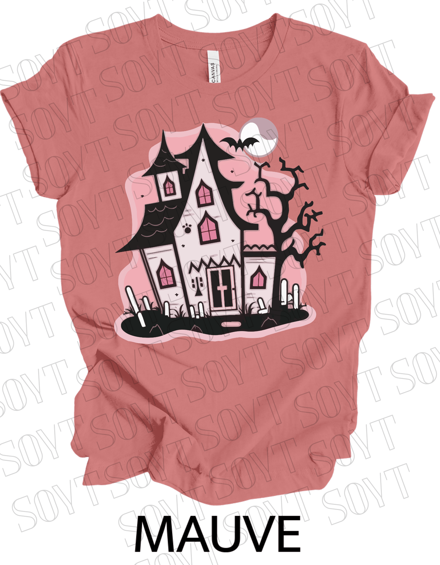 "Haunted Manor" Halloween T-Shirt – Pink Haunted House Graphic Tee for Spooky Season Style - Festive Apparel StoreMauve