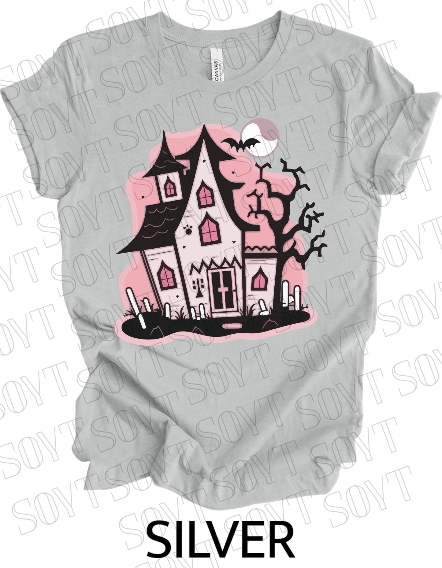 "Haunted Manor" Halloween T-Shirt – Pink Haunted House Graphic Tee for Spooky Season Style - Festive Apparel StoreSilver