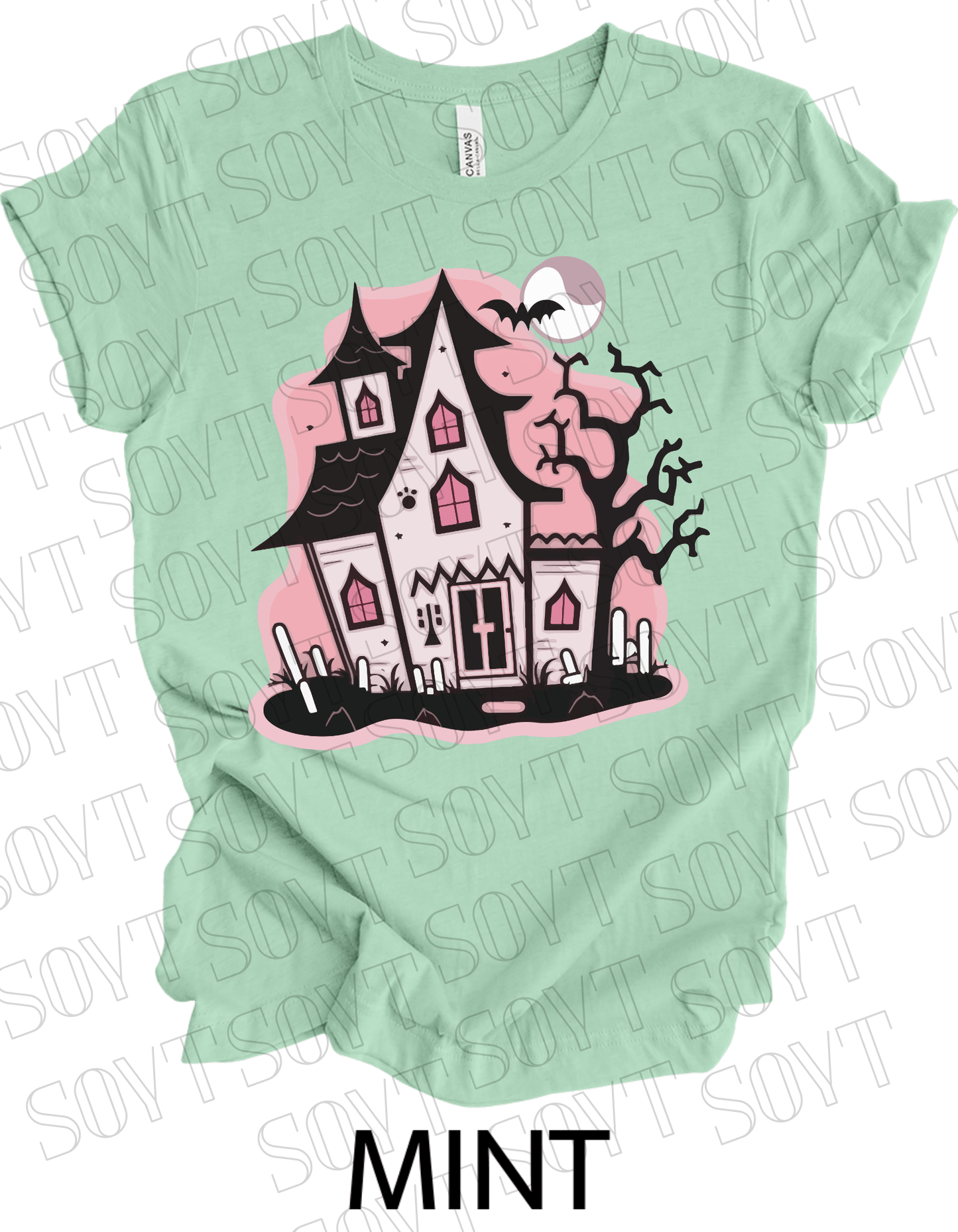 "Haunted Manor" Halloween T-Shirt – Pink Haunted House Graphic Tee for Spooky Season Style - Festive Apparel StoreMint