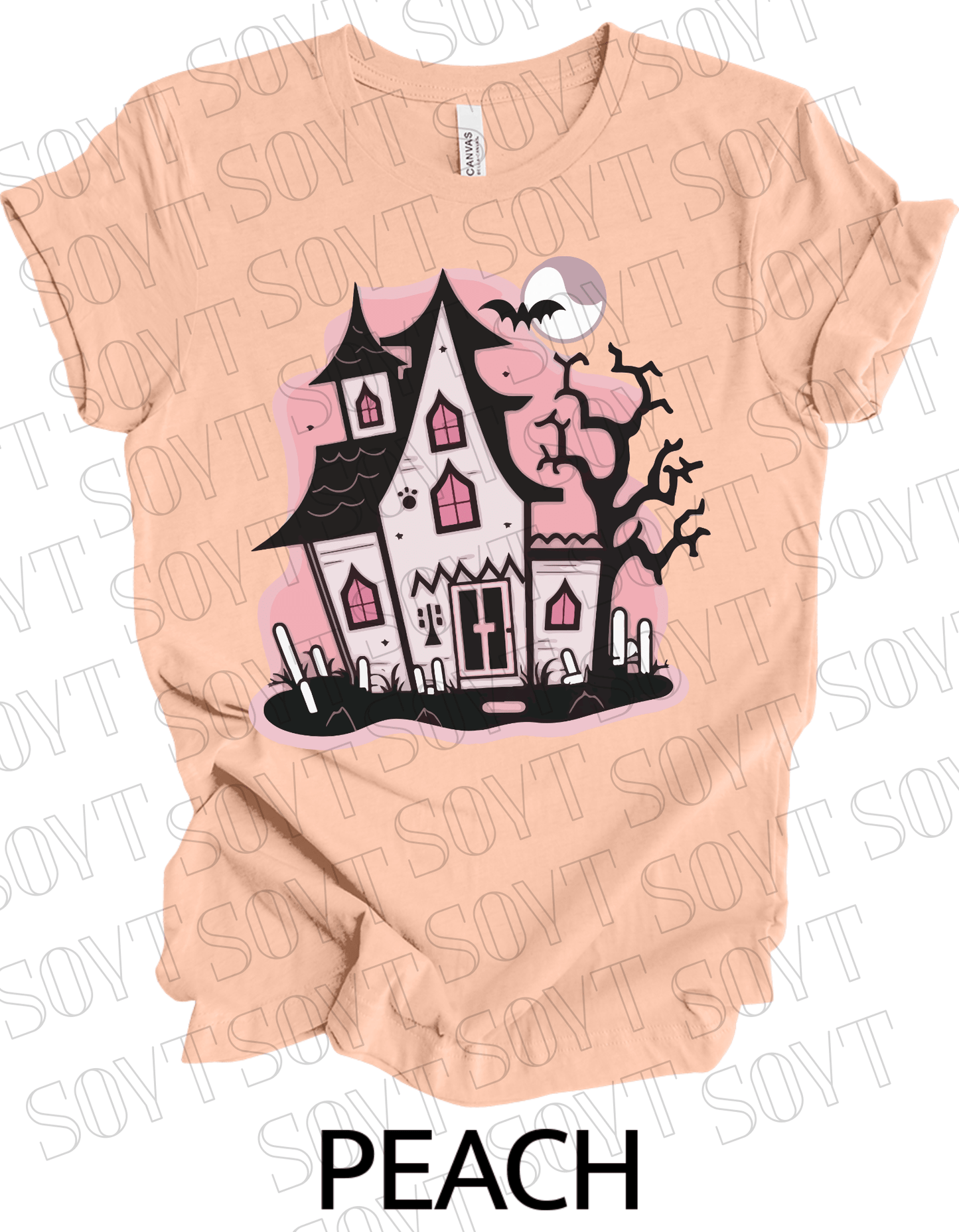 "Haunted Manor" Halloween T-Shirt – Pink Haunted House Graphic Tee for Spooky Season Style - Festive Apparel StorePeach