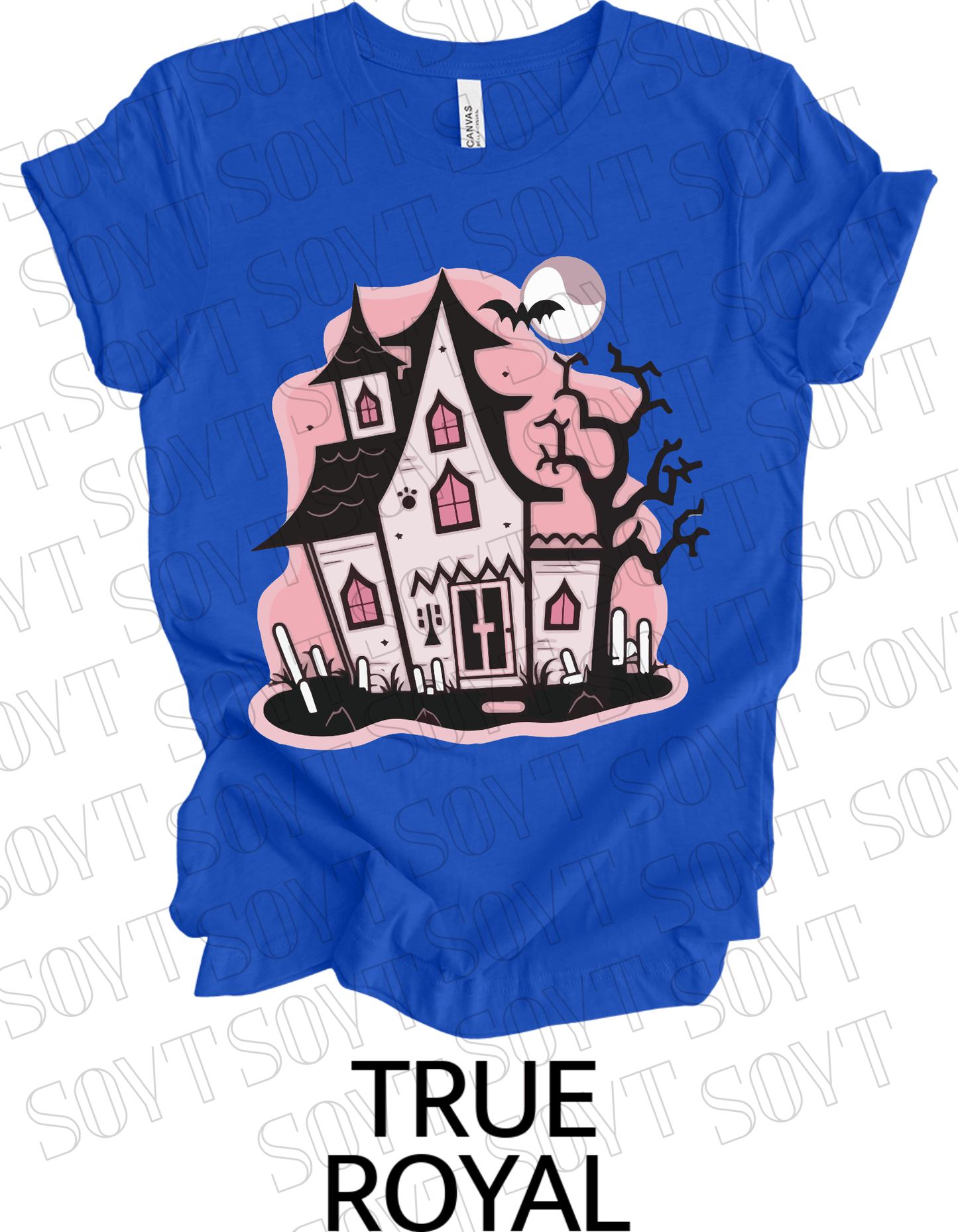 "Haunted Manor" Halloween T-Shirt – Pink Haunted House Graphic Tee for Spooky Season Style - Festive Apparel StoreRoyal Blue