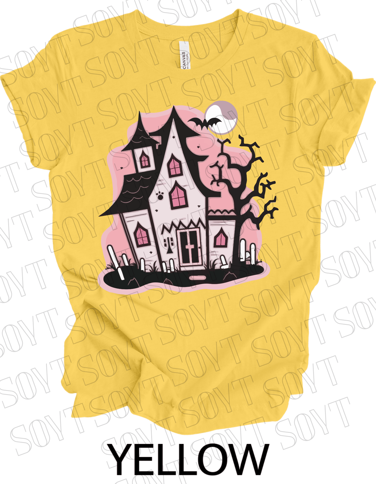 "Haunted Manor" Halloween T-Shirt – Pink Haunted House Graphic Tee for Spooky Season Style - Festive Apparel StoreYellow