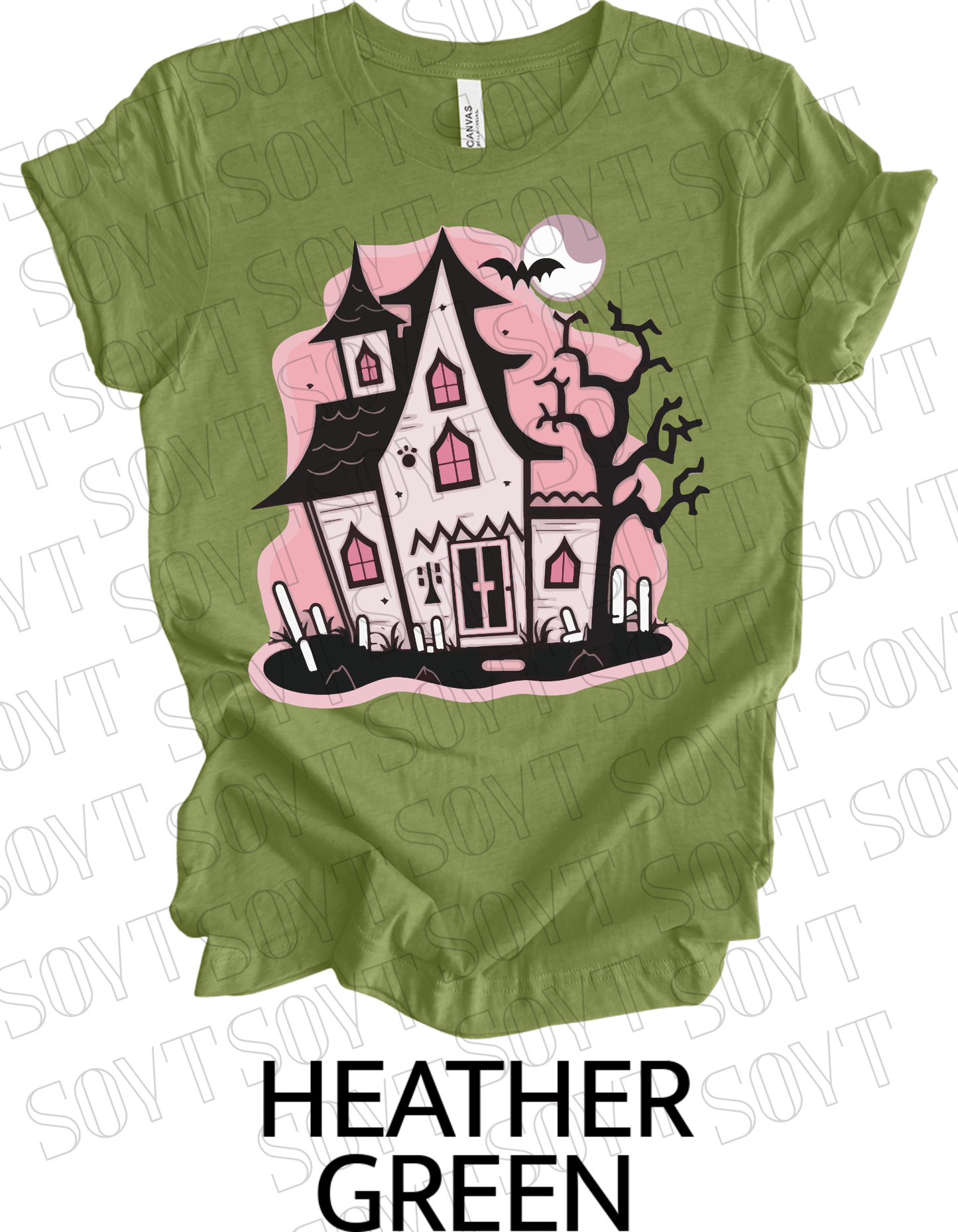 "Haunted Manor" Halloween T-Shirt – Pink Haunted House Graphic Tee for Spooky Season Style - Festive Apparel StoreHeather Green