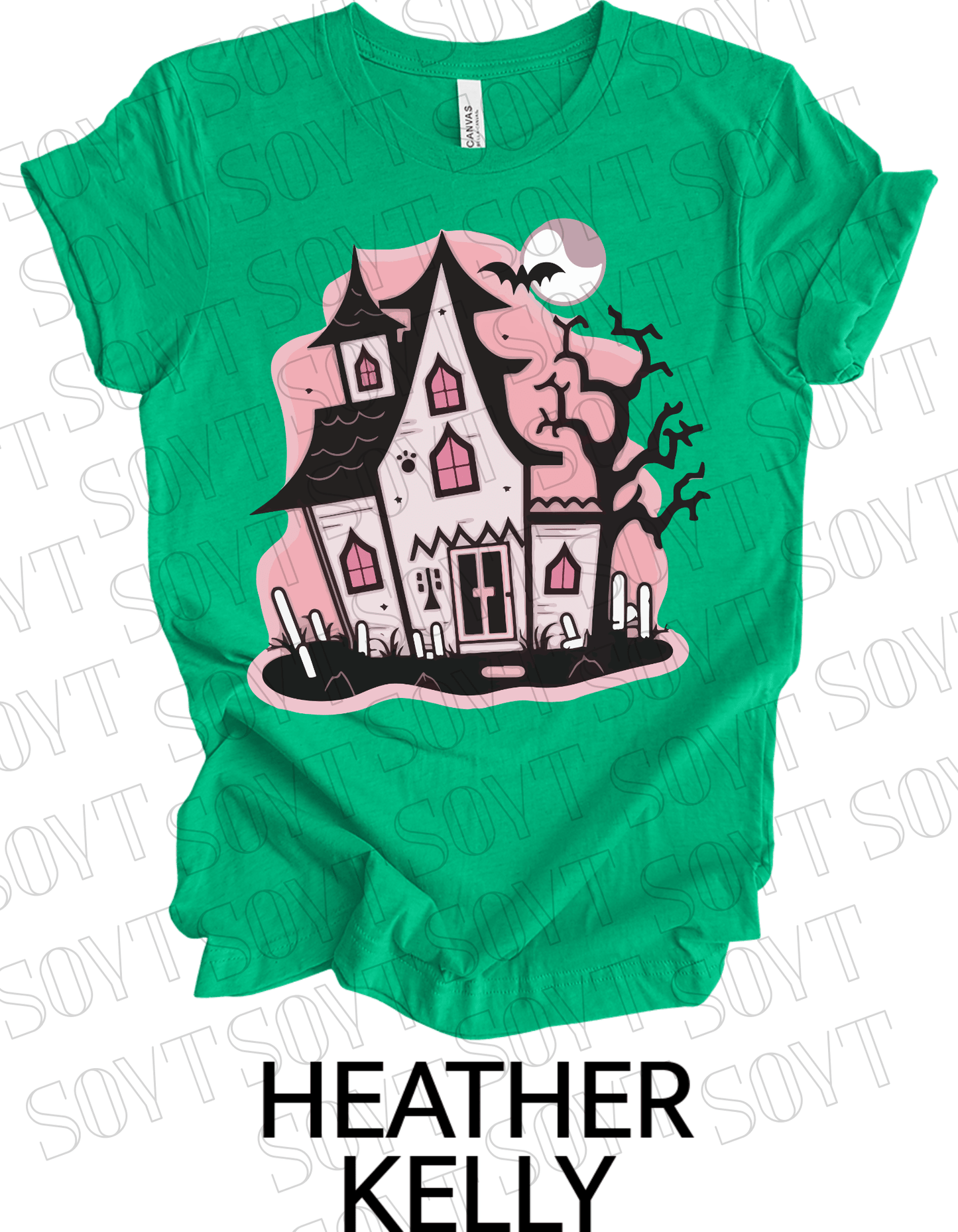 "Haunted Manor" Halloween T-Shirt – Pink Haunted House Graphic Tee for Spooky Season Style - Festive Apparel StoreHeather Kelly Green